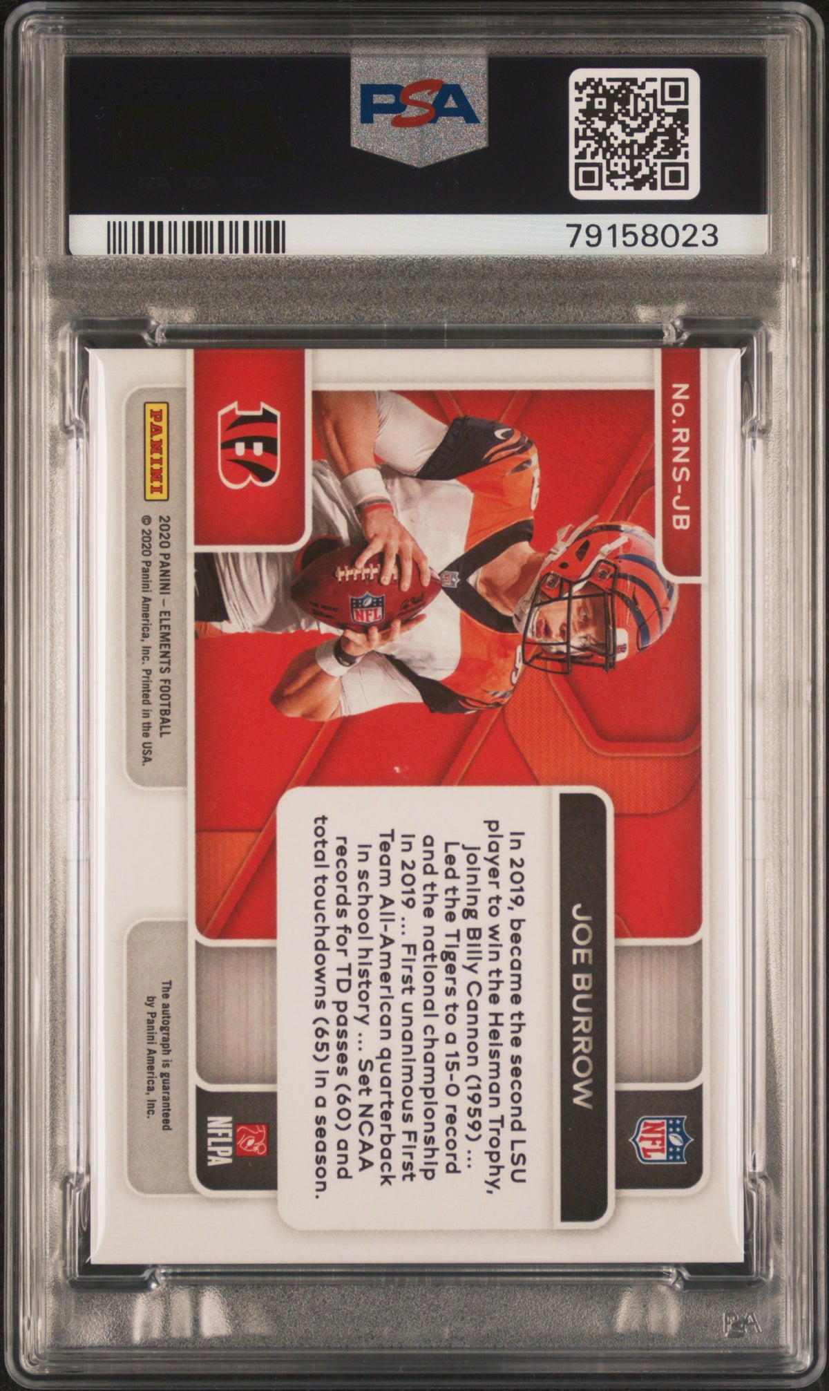 2020 PANINI ELEMENTS ROOKIE NEON SIGNS JOE BURROW RKE.NEON SIGNS-ORANGE #JB PSA AUTHENTIC/GEM MT 10 - Back