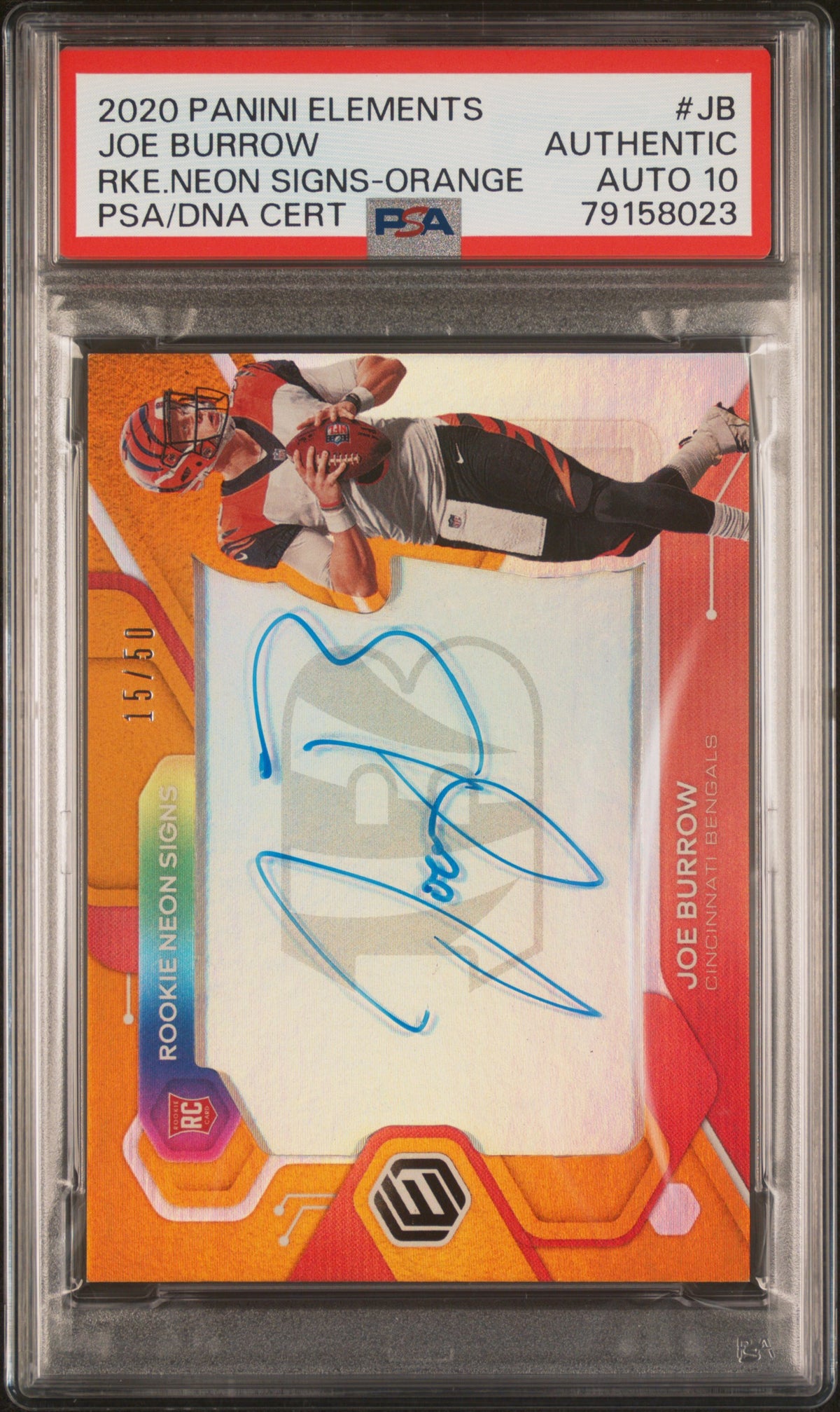 2020 PANINI ELEMENTS ROOKIE NEON SIGNS JOE BURROW RKE.NEON SIGNS-ORANGE #JB PSA AUTHENTIC/GEM MT 10 - Front