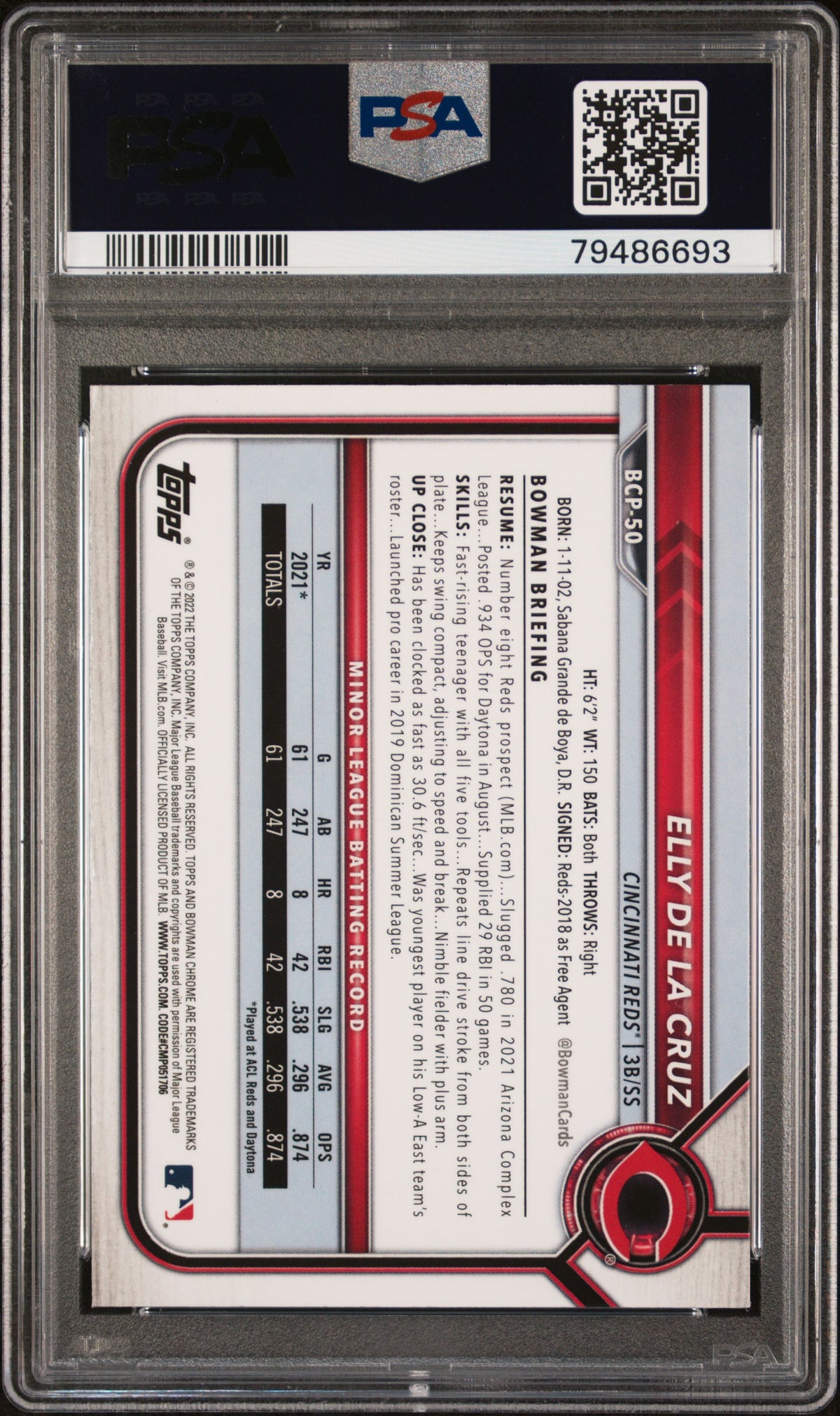2022 BOWMAN CHROME PROSPECTS ELLY DE LA CRUZ CHROME PROSPECTS #BCP50 PSA 10 - Back