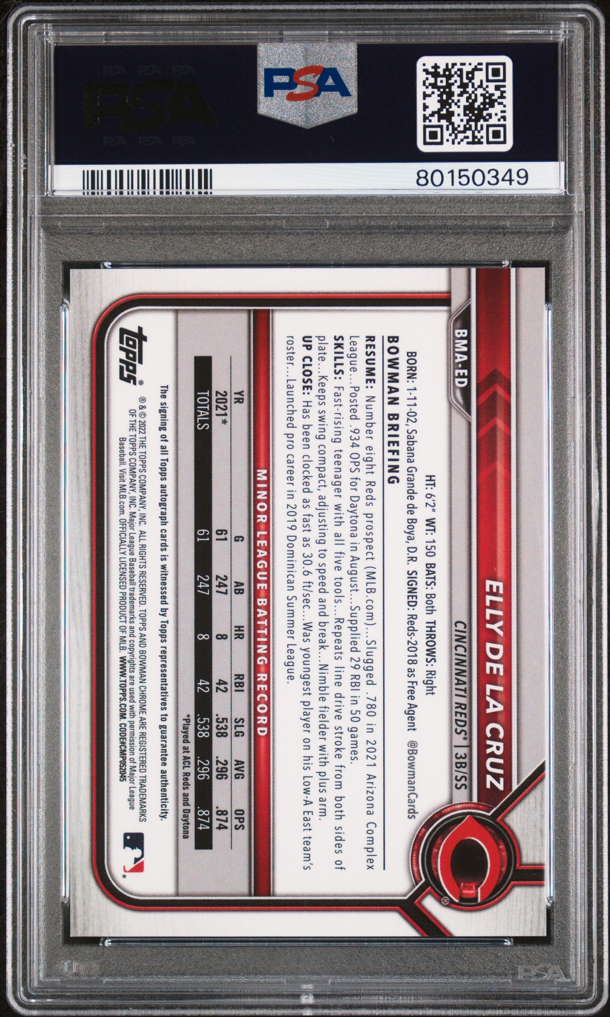2022 BOWMAN MEGA BOX CHROME AUTOGRAPHS ELLY DE LA CRUZ CHROME AUTOGRAPH #ED PSA 9 - Back