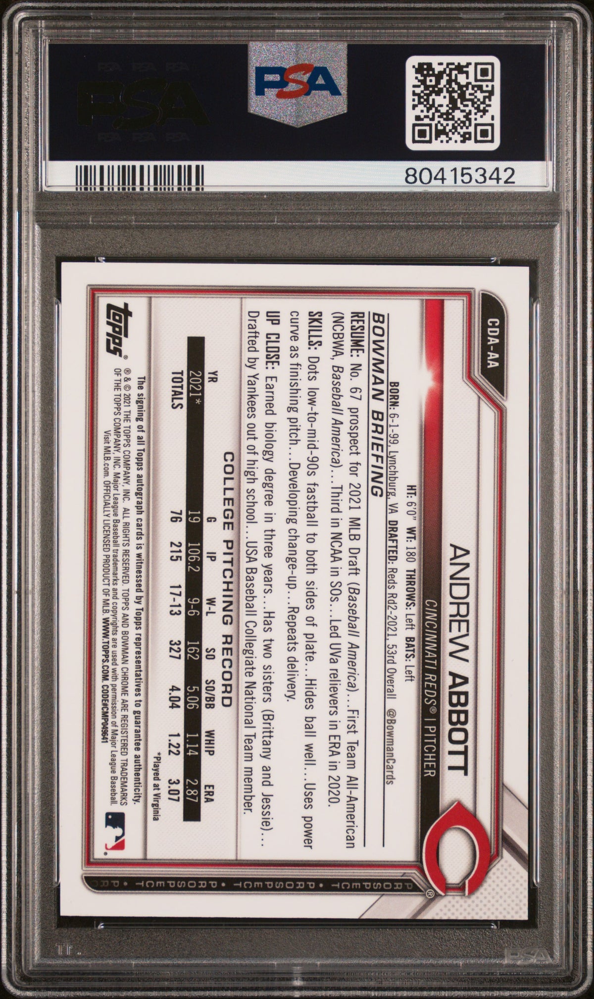 2021 BOWMAN DRAFT CHROME DRAFT PICK AUTOGRAPHS ANDREW ABBOTT CHR.DP AUTO-BLACK REF. #CDAAA PSA 10/GEM MT 10 - Back