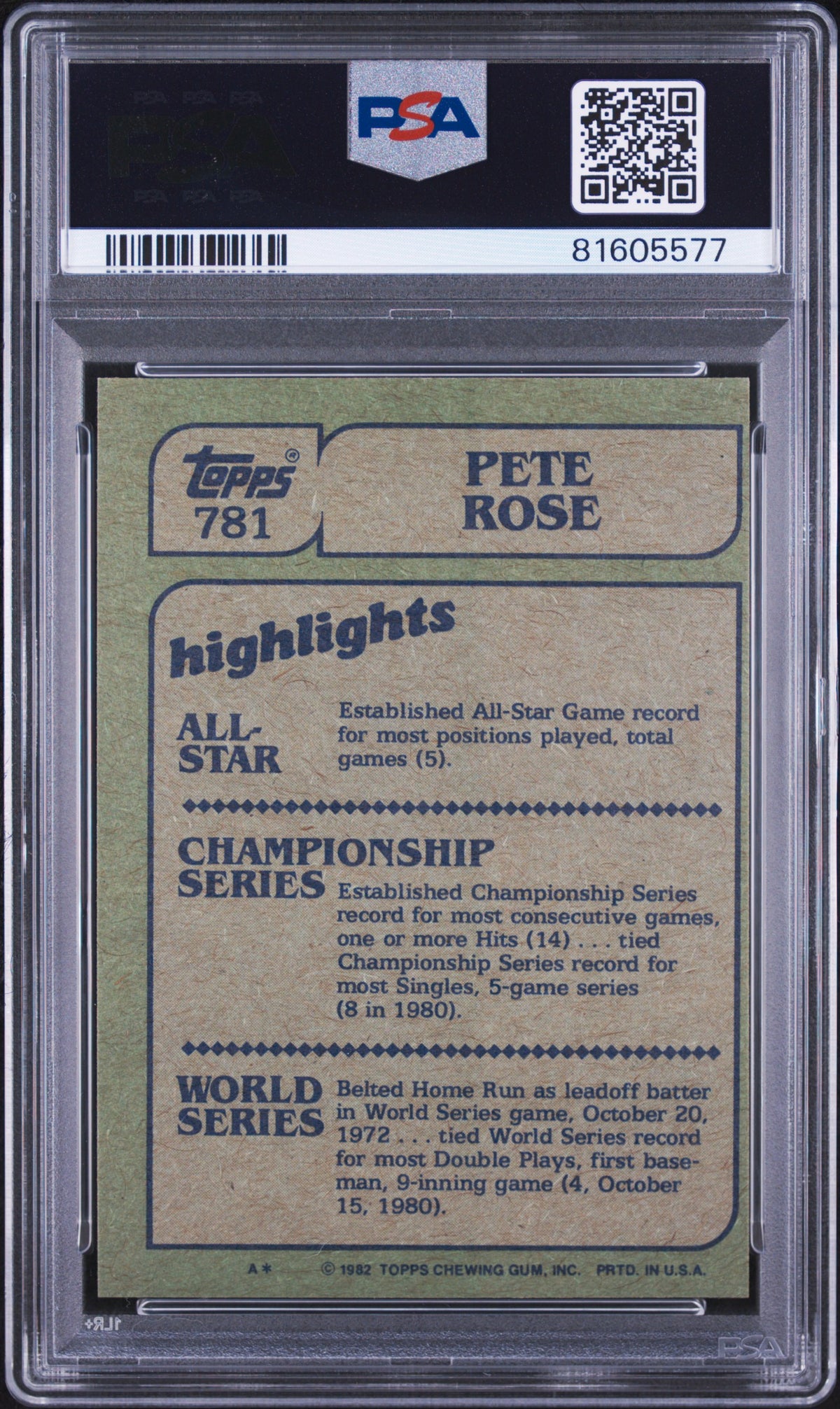 1982 TOPPS PETE ROSE IN ACTION #781 PSA 9 - Back
