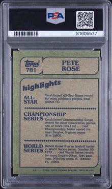 1982 TOPPS PETE ROSE IN ACTION #781 PSA 9 - Back