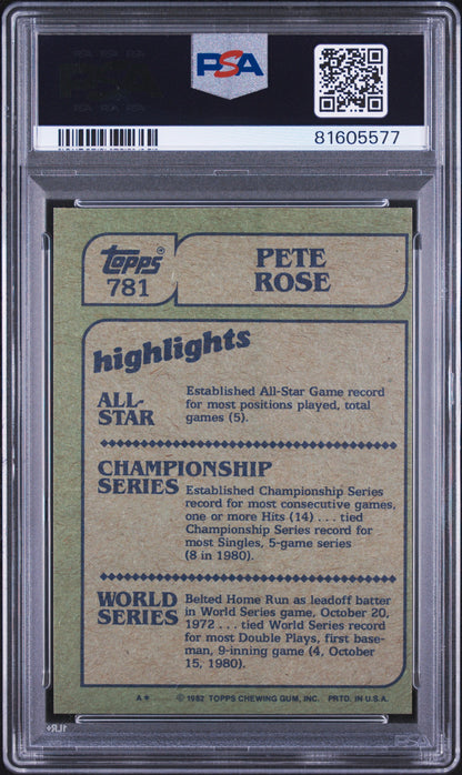 1982 TOPPS PETE ROSE IN ACTION #781 PSA 9 - Back