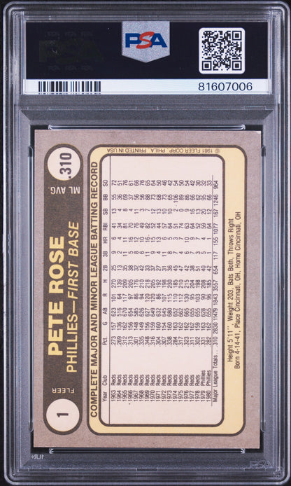 1981 FLEER PETE ROSE #1 PSA 9 - Back