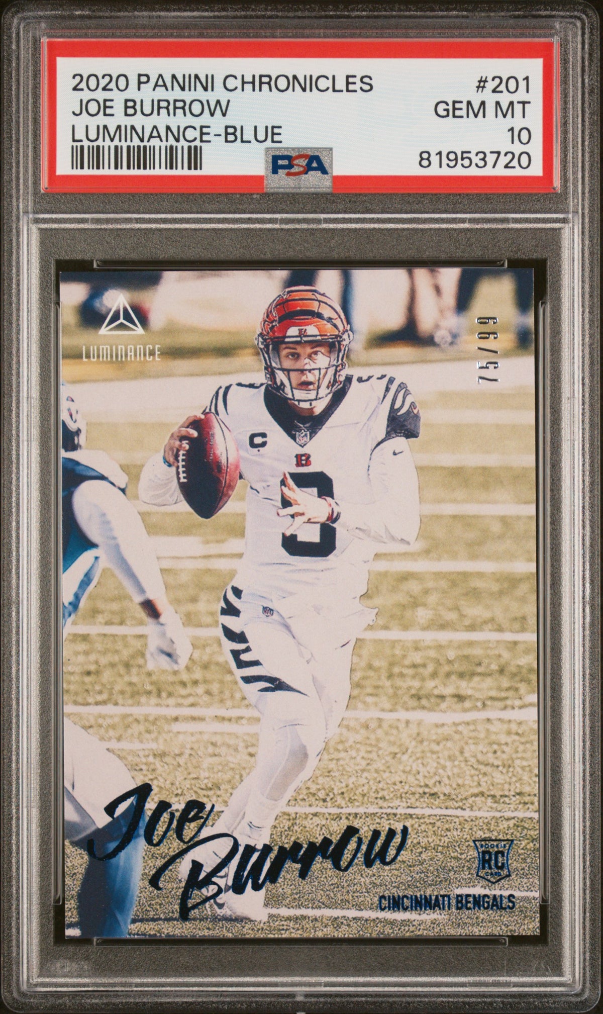 2020 PANINI CHRONICLES LUMINANCE JOE BURROW LUMINANCE-BLUE #201 PSA 10 - Front
