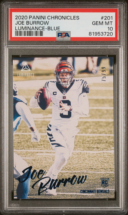 2020 PANINI CHRONICLES LUMINANCE JOE BURROW LUMINANCE-BLUE #201 PSA 10 - Front