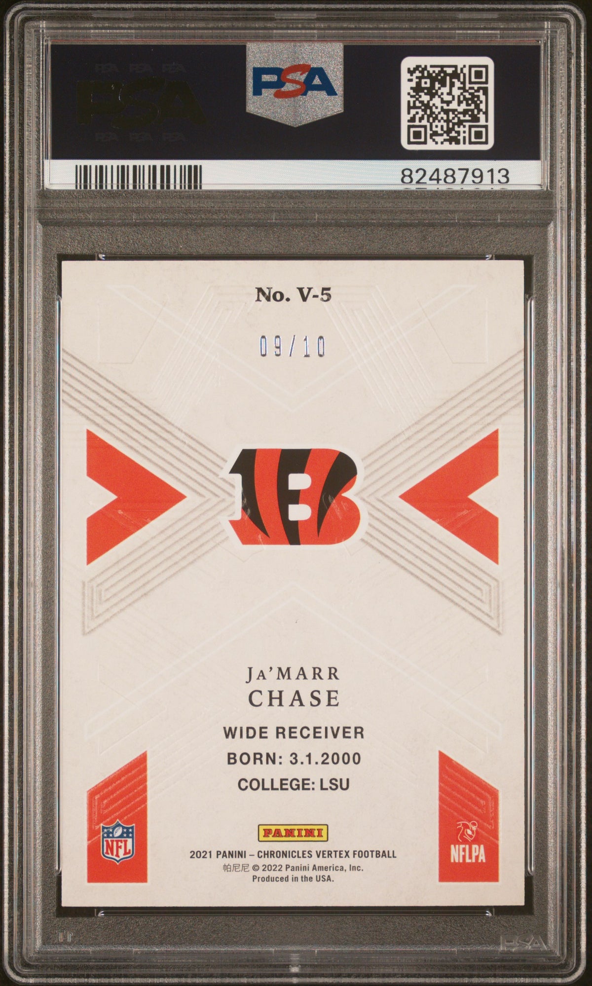 2021 PANINI CHRONICLES VERTEX Ja'MARR CHASE VERTEX-GOLD #V5 PSA 10 - Back