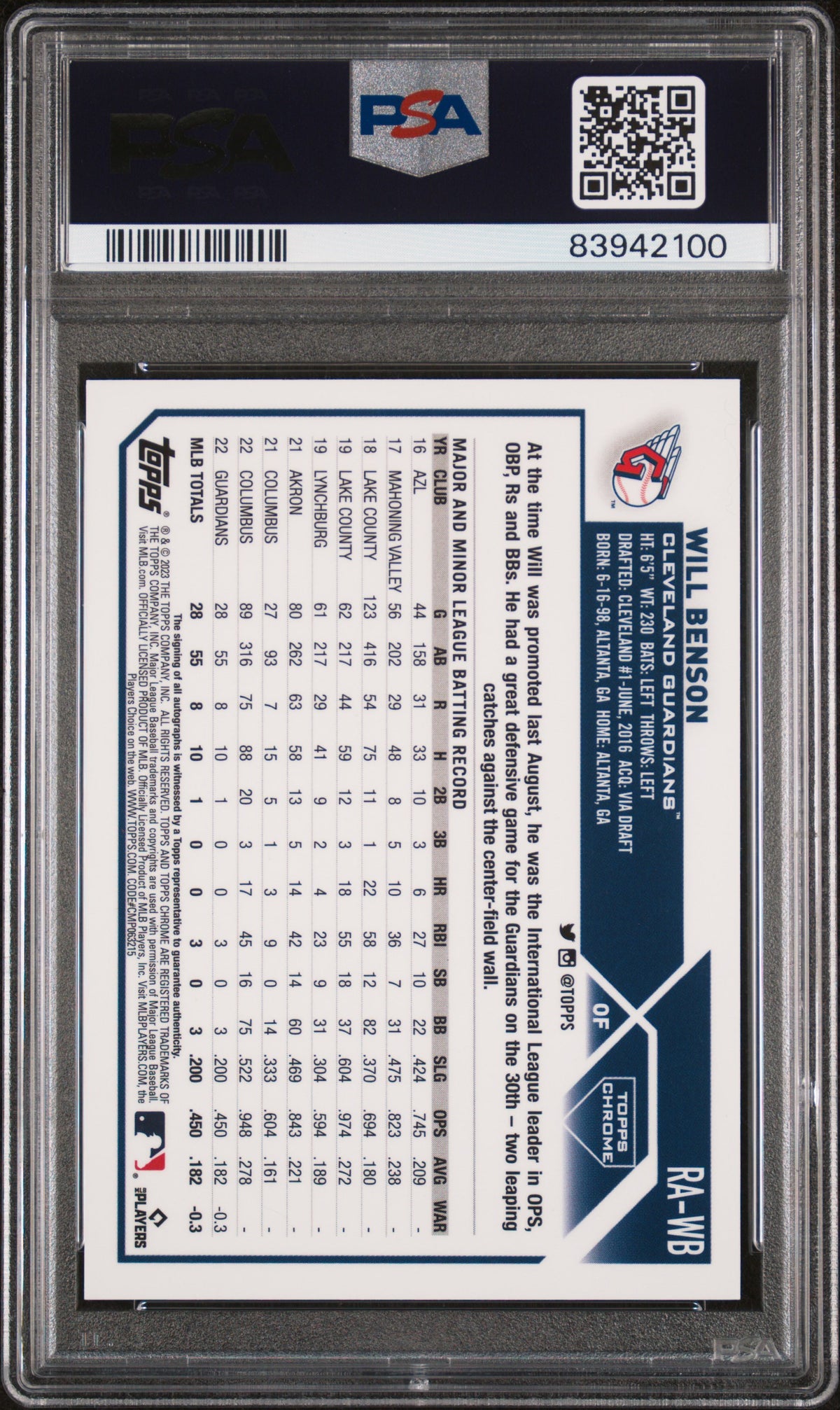 2023 TOPPS CHROME ROOKIE AUTOGRAPH WILL BENSON ROOKIE AUTOGRAPH-GREEN REF #RAWB PSA 10 - Back