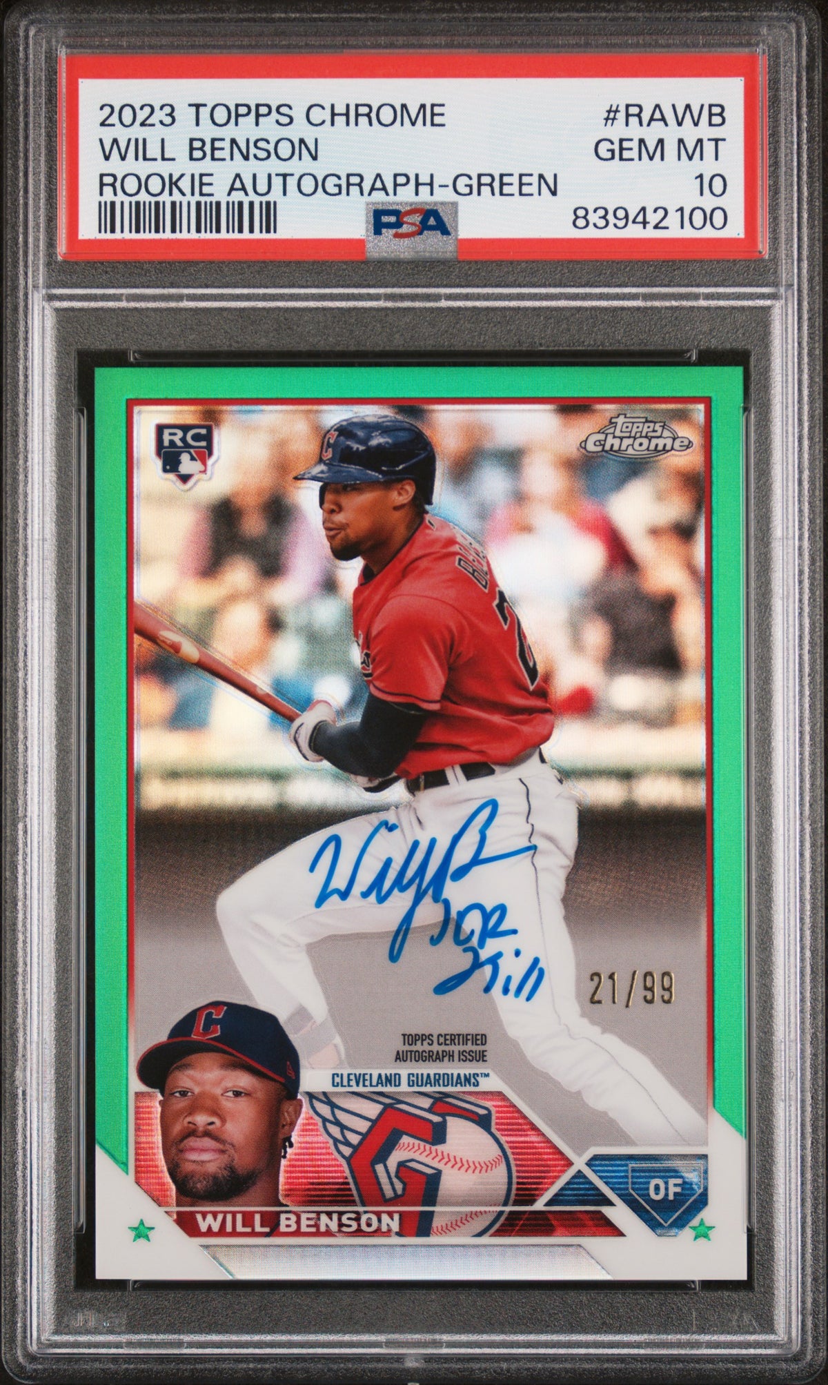 2023 TOPPS CHROME ROOKIE AUTOGRAPH WILL BENSON ROOKIE AUTOGRAPH-GREEN REF #RAWB PSA 10 - Front
