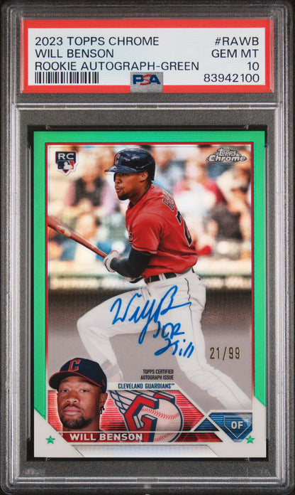 2023 TOPPS CHROME ROOKIE AUTOGRAPH WILL BENSON ROOKIE AUTOGRAPH-GREEN REF #RAWB PSA 10 - Front