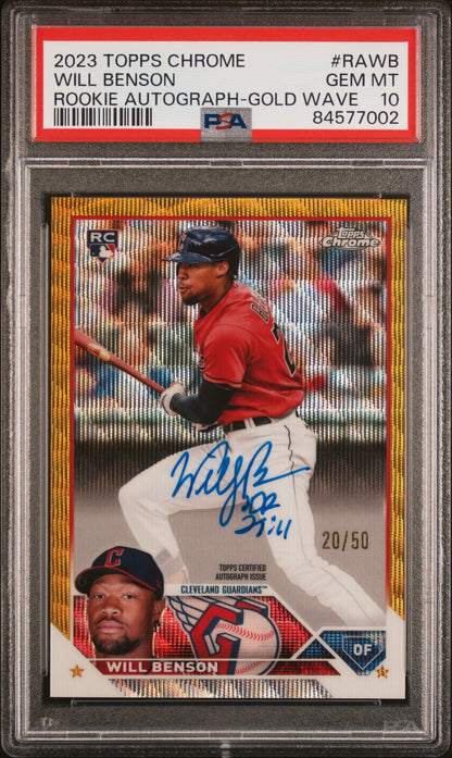 2023 TOPPS CHROME ROOKIE AUTOGRAPH WILL BENSON ROOKIE AUTO-GOLD WAVE REF #RAWB PSA 10 - Front