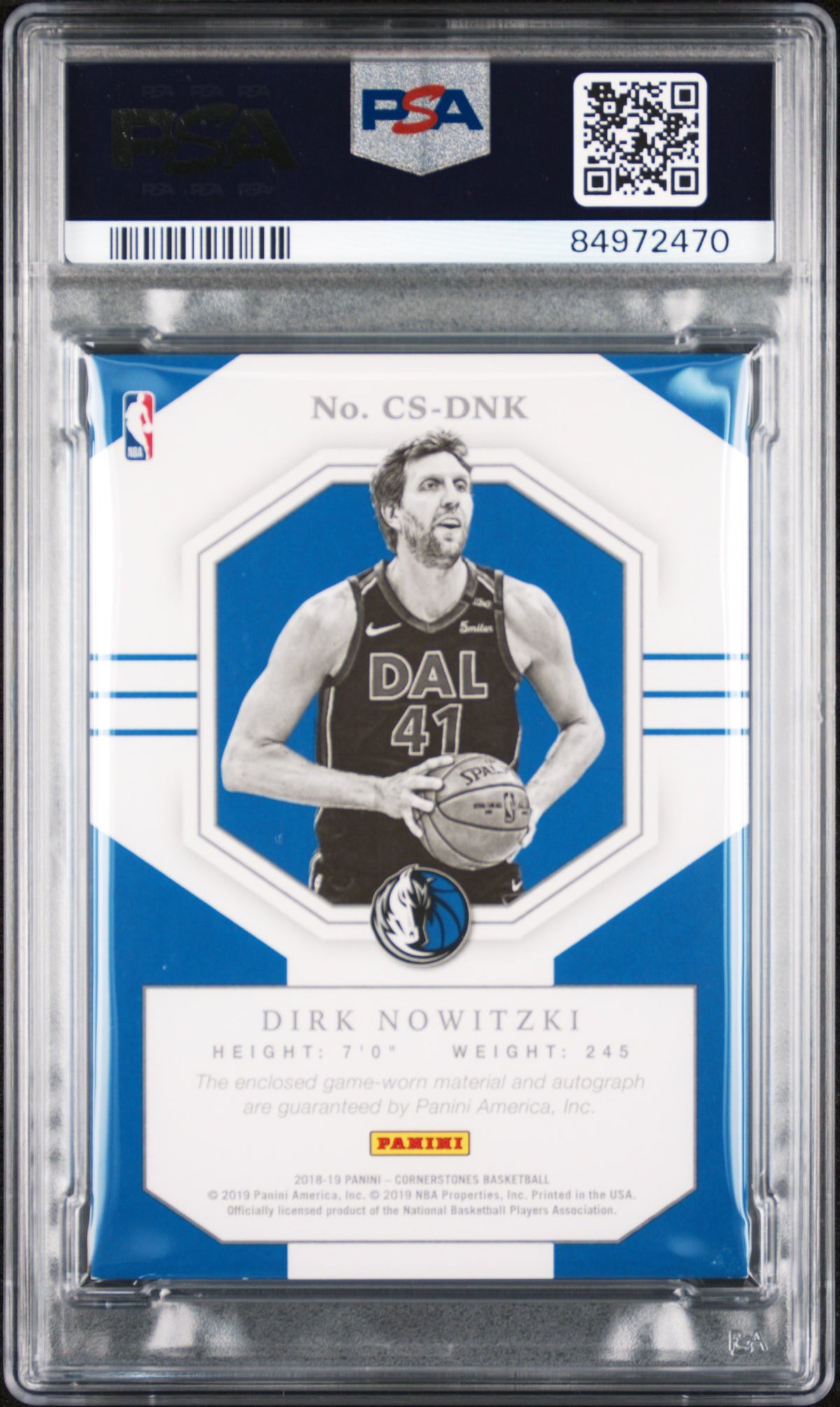 2018 PANINI CORNERSTONES AUTOGRAPH RELICS DIRK NOWITZKI AUTOGRAPH RELICS #DNK PSA 7 - Back
