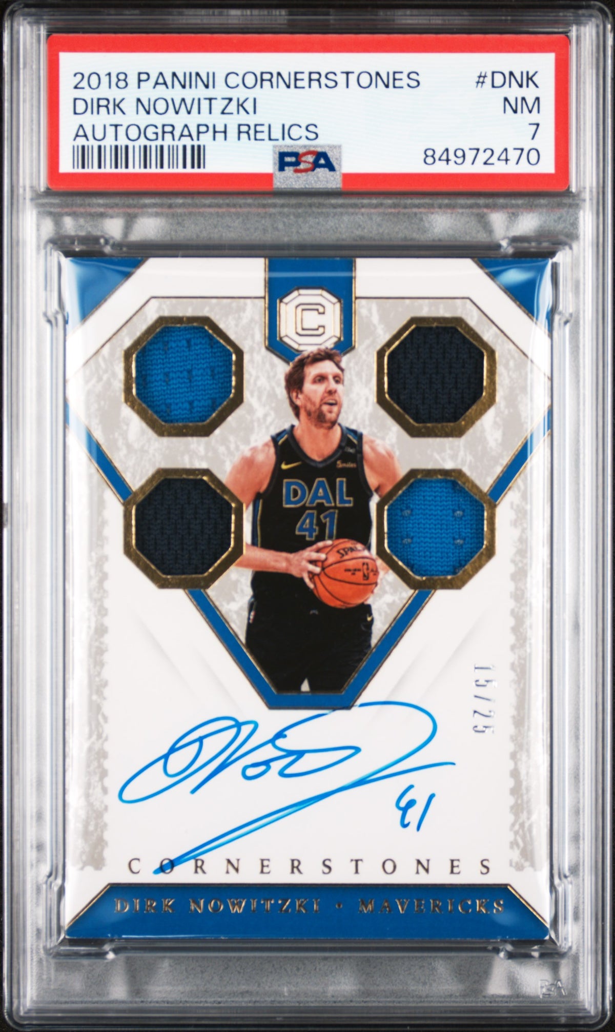2018 PANINI CORNERSTONES AUTOGRAPH RELICS DIRK NOWITZKI AUTOGRAPH RELICS #DNK PSA 7 - Front