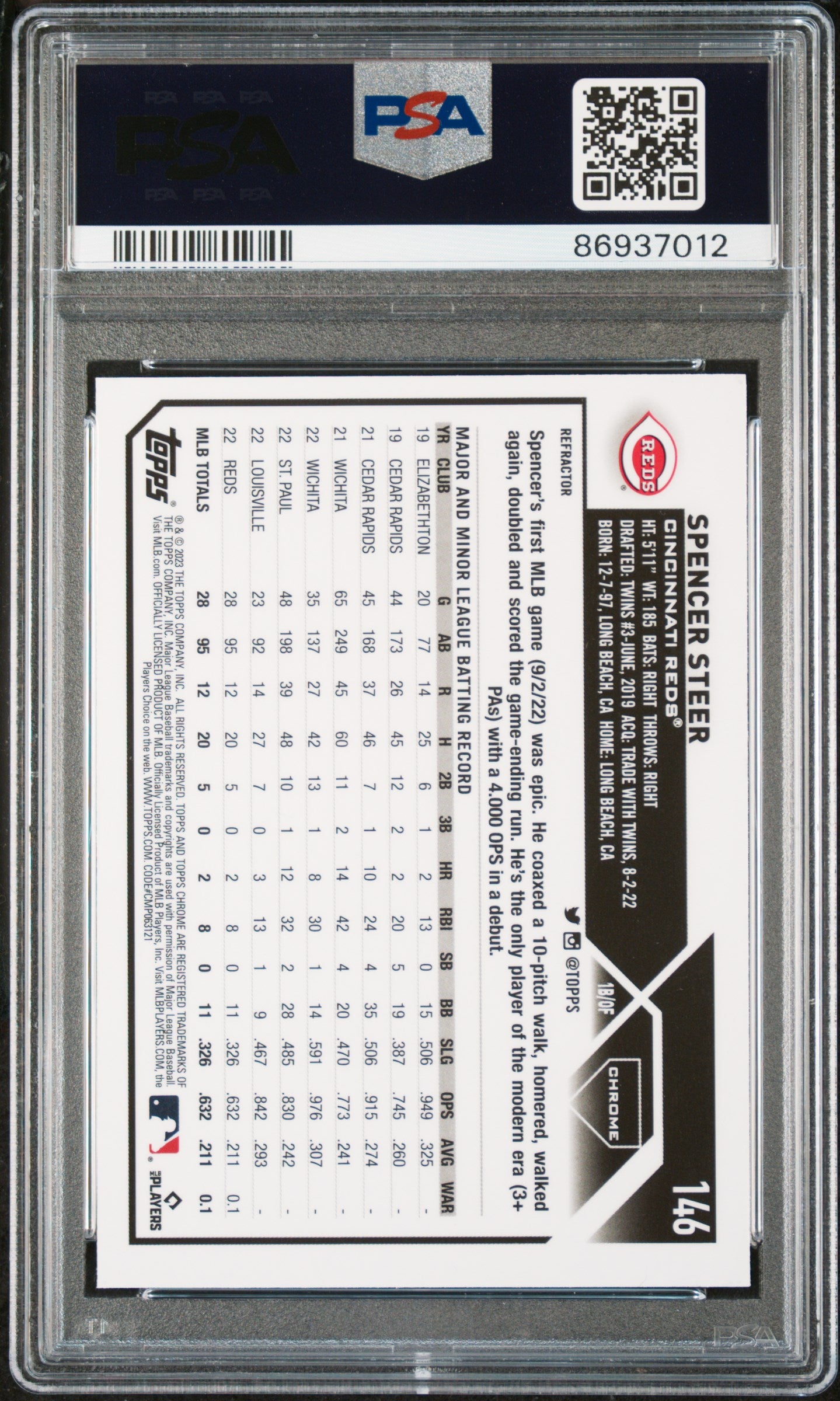 2023 TOPPS CHROME SPENCER STEER REFRACTOR #146 PSA 9 - Back