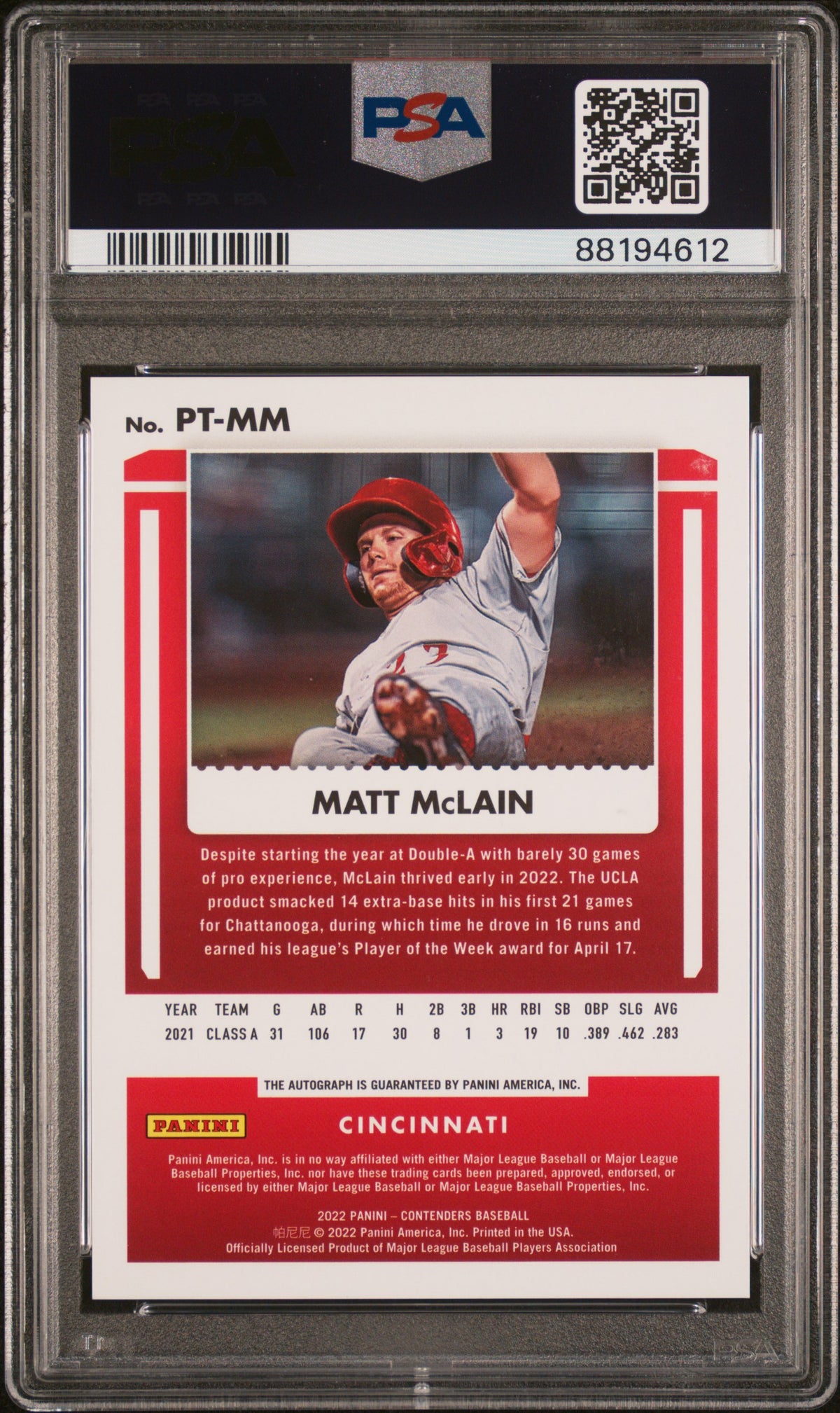 2022 PANINI CHRONICLES CONTENDERS PROSPECT TICKET AUTOGRAPHS MATT MCLAIN CONT.PRS.TKT.AU-DIAMOND #PTMM PSA 10 - Back