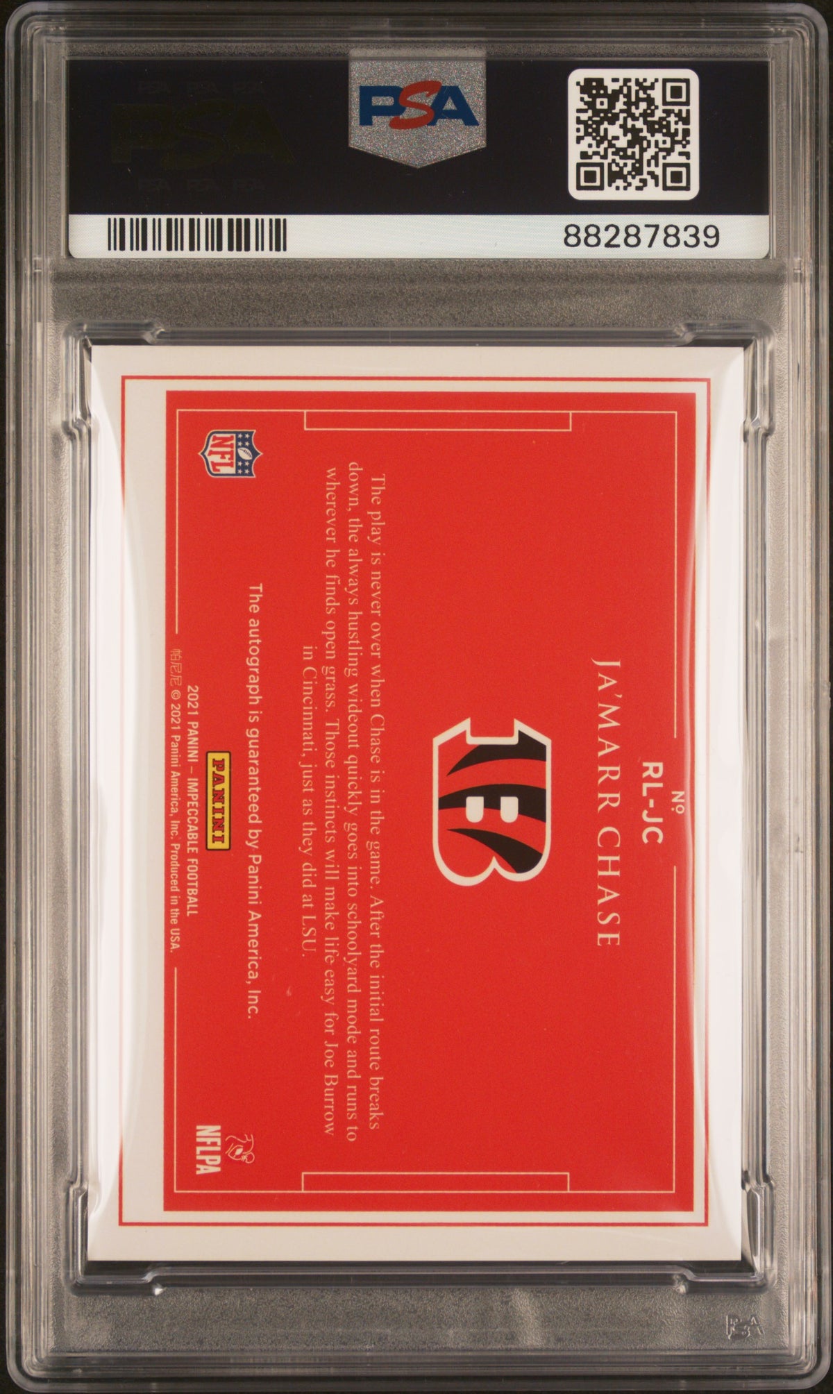 2021 PANINI IMPECCABLE ROOKIE LANDSCAPE AUTOGRAPHS Ja’MARR CHASE RKE.LANDSCAPE AU-SILVER #RLJC PSA 9 - Back