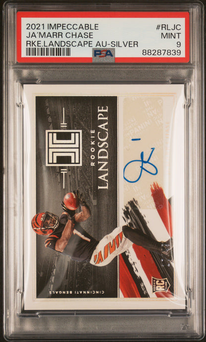 2021 PANINI IMPECCABLE ROOKIE LANDSCAPE AUTOGRAPHS Ja’MARR CHASE RKE.LANDSCAPE AU-SILVER #RLJC PSA 9 - Front