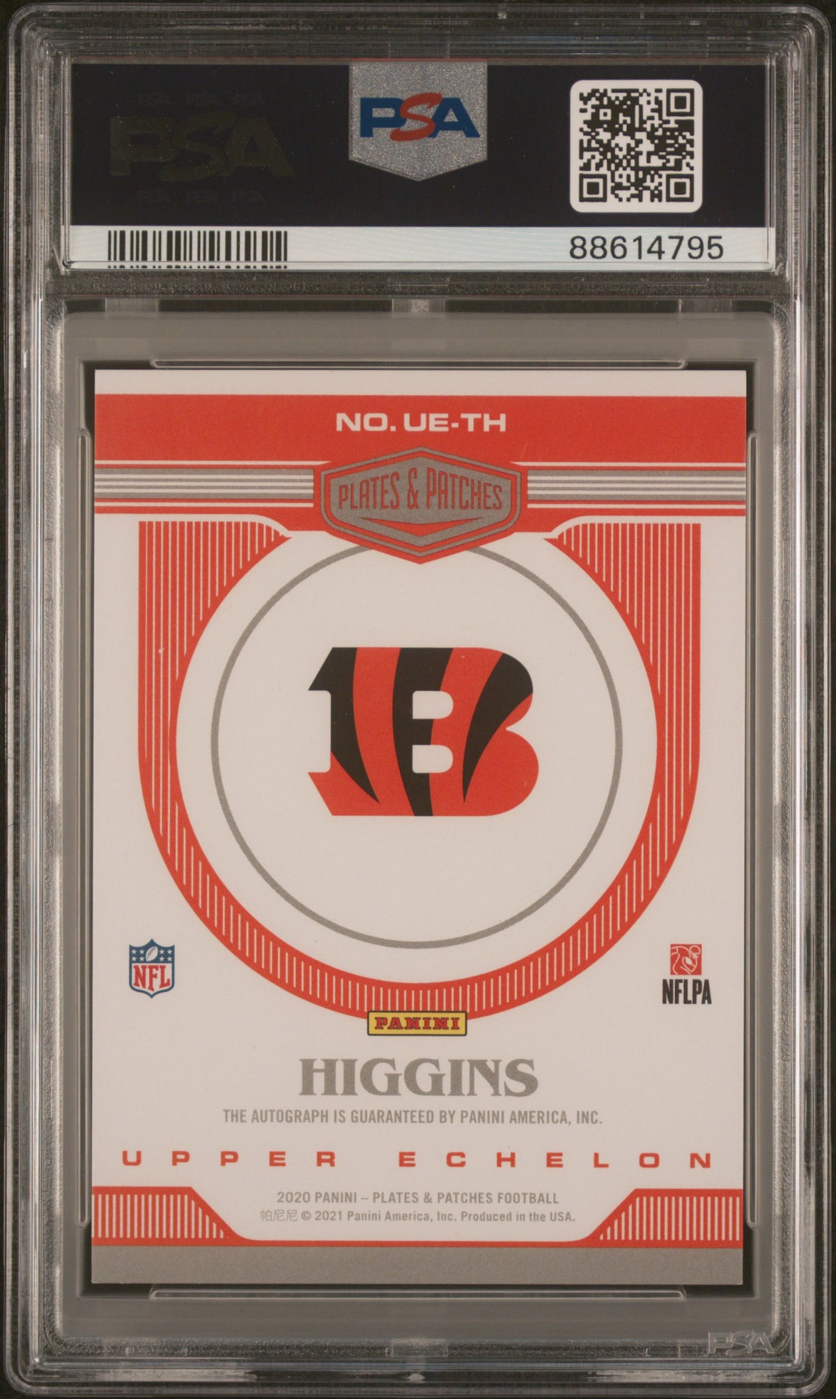 2020 PANINI PLATES & PATCHES ROOKIE UPPER ECHELON AUTOGRAPHS TEE HIGGINS RK.UPR.ECHELON AU-ORANGE #TH PSA 10 - Back