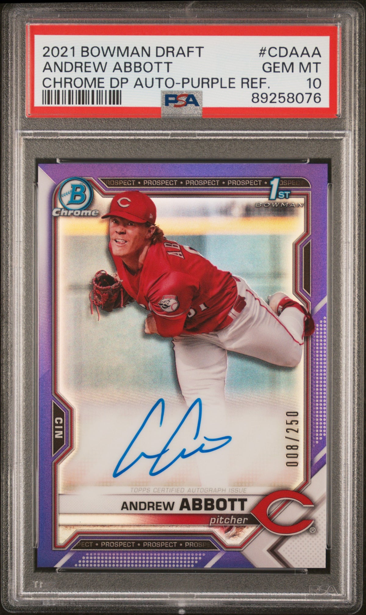 2021 BOWMAN DRAFT CHROME DRAFT PICK AUTOGRAPHS ANDREW ABBOTT CHROME DP AUTO-PURPLE REF. #CDAAA PSA 10 - Front