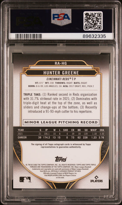 2022 TOPPS TRIPLE THREADS ROOKIE AUTOGRAPHS HUNTER GREENE ROOKIE AUTOGRAPHS-GOLD #RAHG PSA 10 - Back