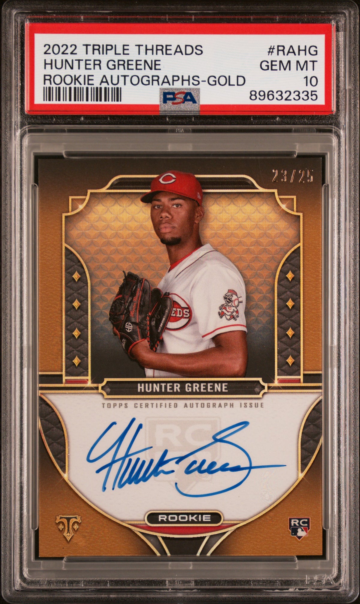 2022 TOPPS TRIPLE THREADS ROOKIE AUTOGRAPHS HUNTER GREENE ROOKIE AUTOGRAPHS-GOLD #RAHG PSA 10 - Front