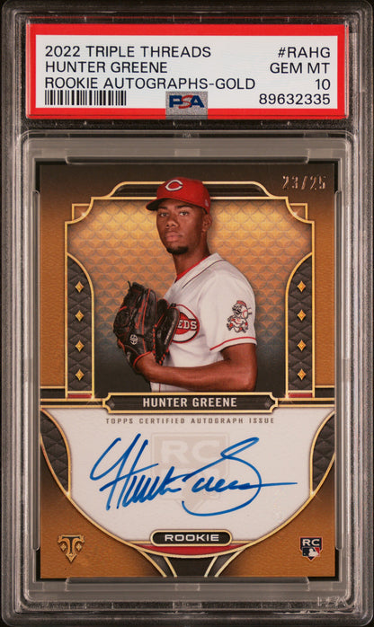 2022 TOPPS TRIPLE THREADS ROOKIE AUTOGRAPHS HUNTER GREENE ROOKIE AUTOGRAPHS-GOLD #RAHG PSA 10 - Front