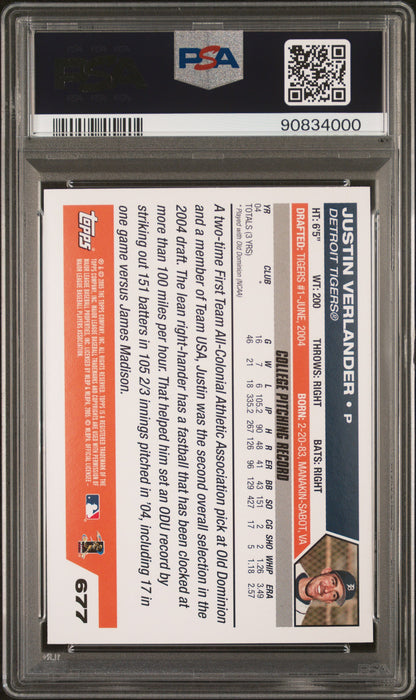 2005 TOPPS JUSTIN VERLANDER #677 PSA 10 - Back