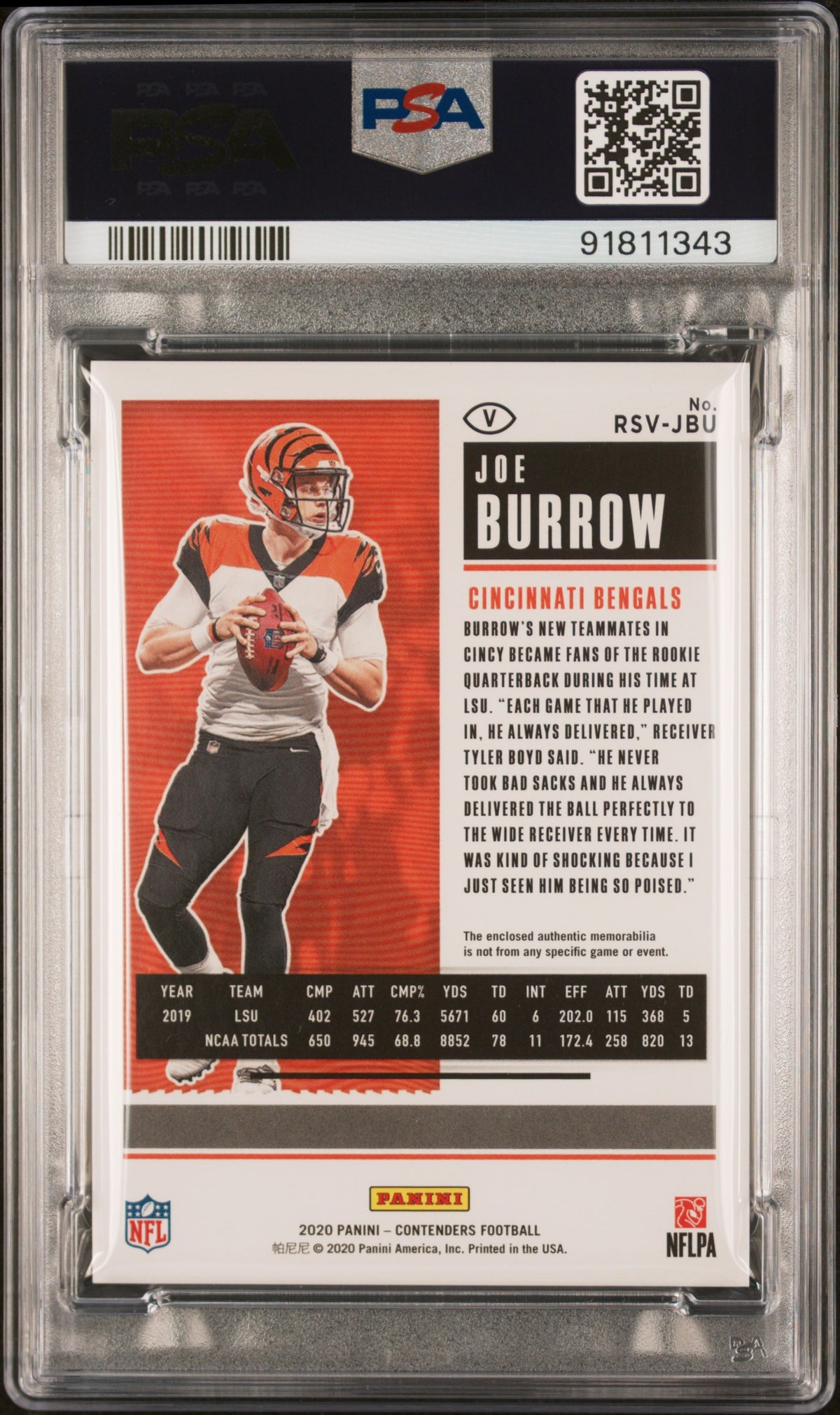 2020 PANINI CONTENDERS ROOKIE TICKET SWATCHES JOE BURROW RK.TKT.SWATCHES-VARIATION #JBU PSA 10 - Back