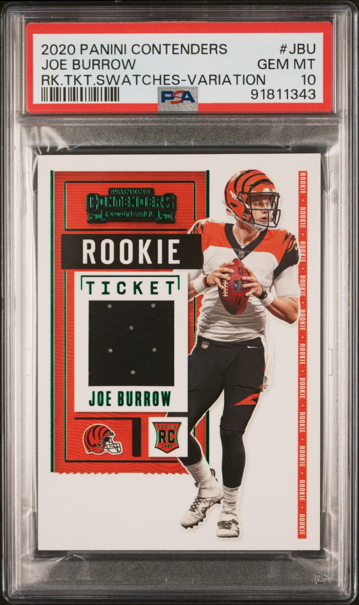 2020 PANINI CONTENDERS ROOKIE TICKET SWATCHES JOE BURROW RK.TKT.SWATCHES-VARIATION #JBU PSA 10 - Front