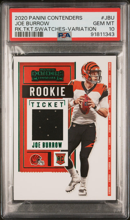 2020 PANINI CONTENDERS ROOKIE TICKET SWATCHES JOE BURROW RK.TKT.SWATCHES-VARIATION #JBU PSA 10 - Front