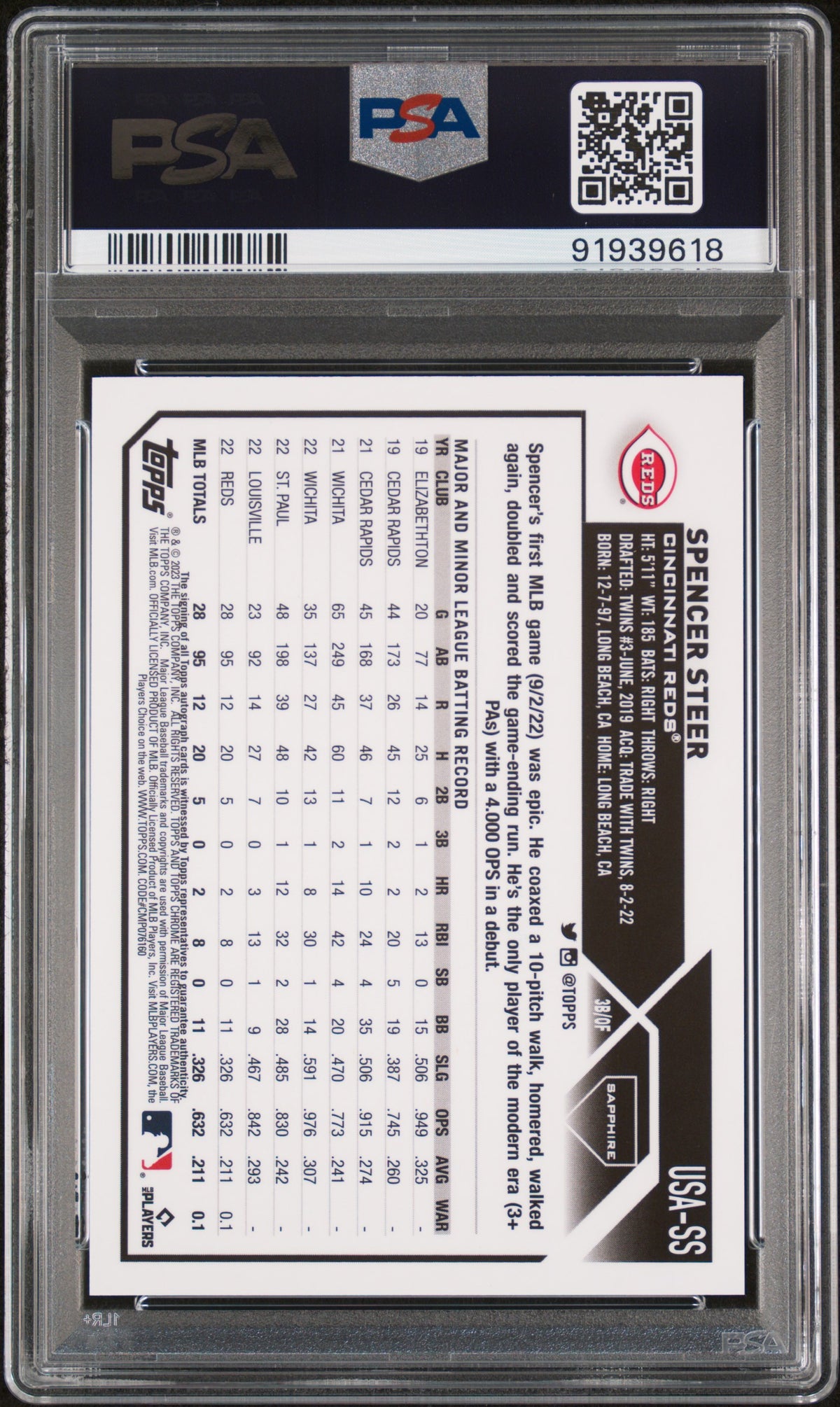 2023 TOPPS CHROME UPDATE SAPPHIRE EDITION AUTOGRAPH SPENCER STEER #SS PSA 10 - Back