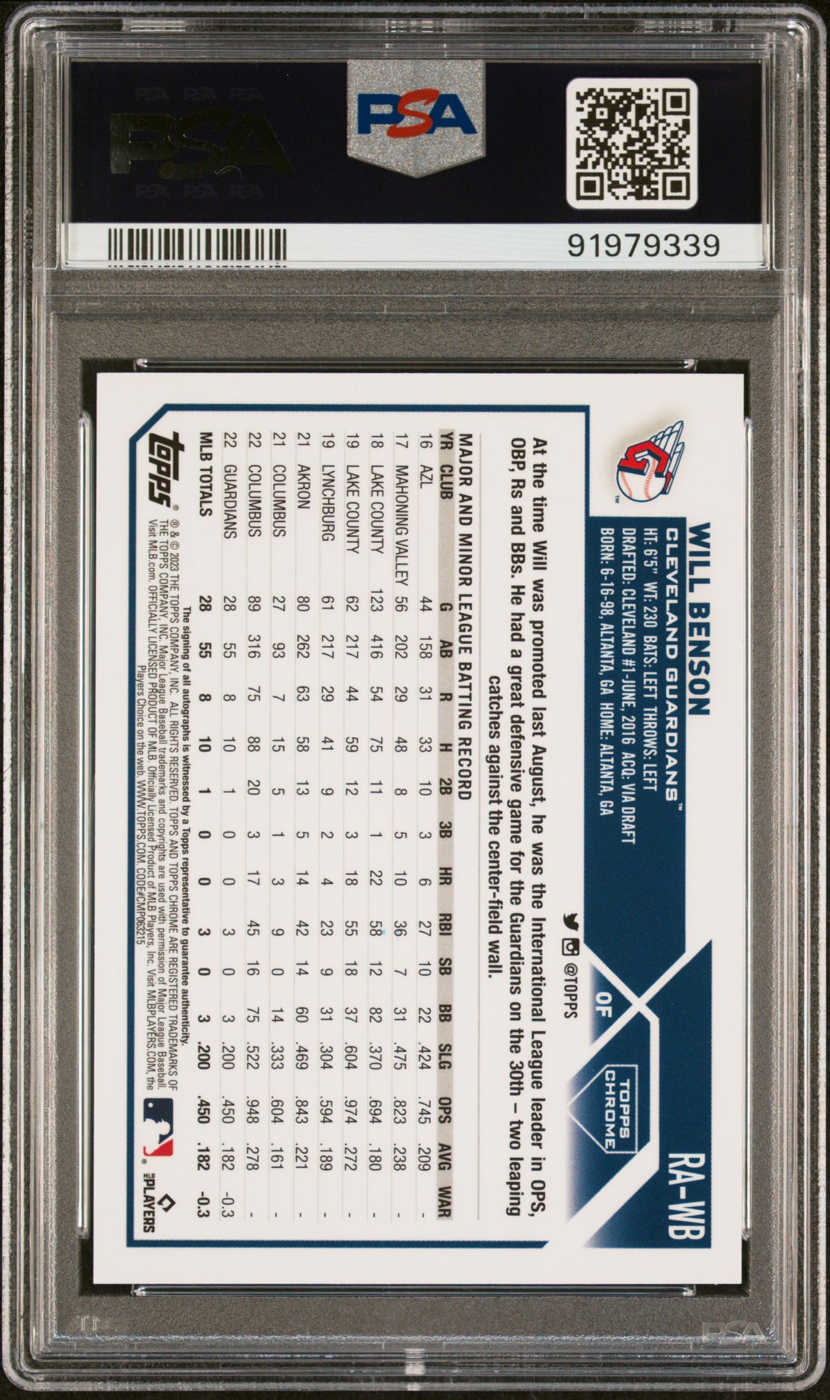2023 TOPPS CHROME ROOKIE AUTOGRAPH WILL BENSON ROOKIE AUTO-GOLD WAVE REF #RAWB PSA 10 - Back