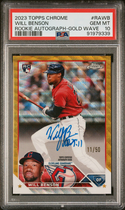 2023 TOPPS CHROME ROOKIE AUTOGRAPH WILL BENSON ROOKIE AUTO-GOLD WAVE REF #RAWB PSA 10 - Front
