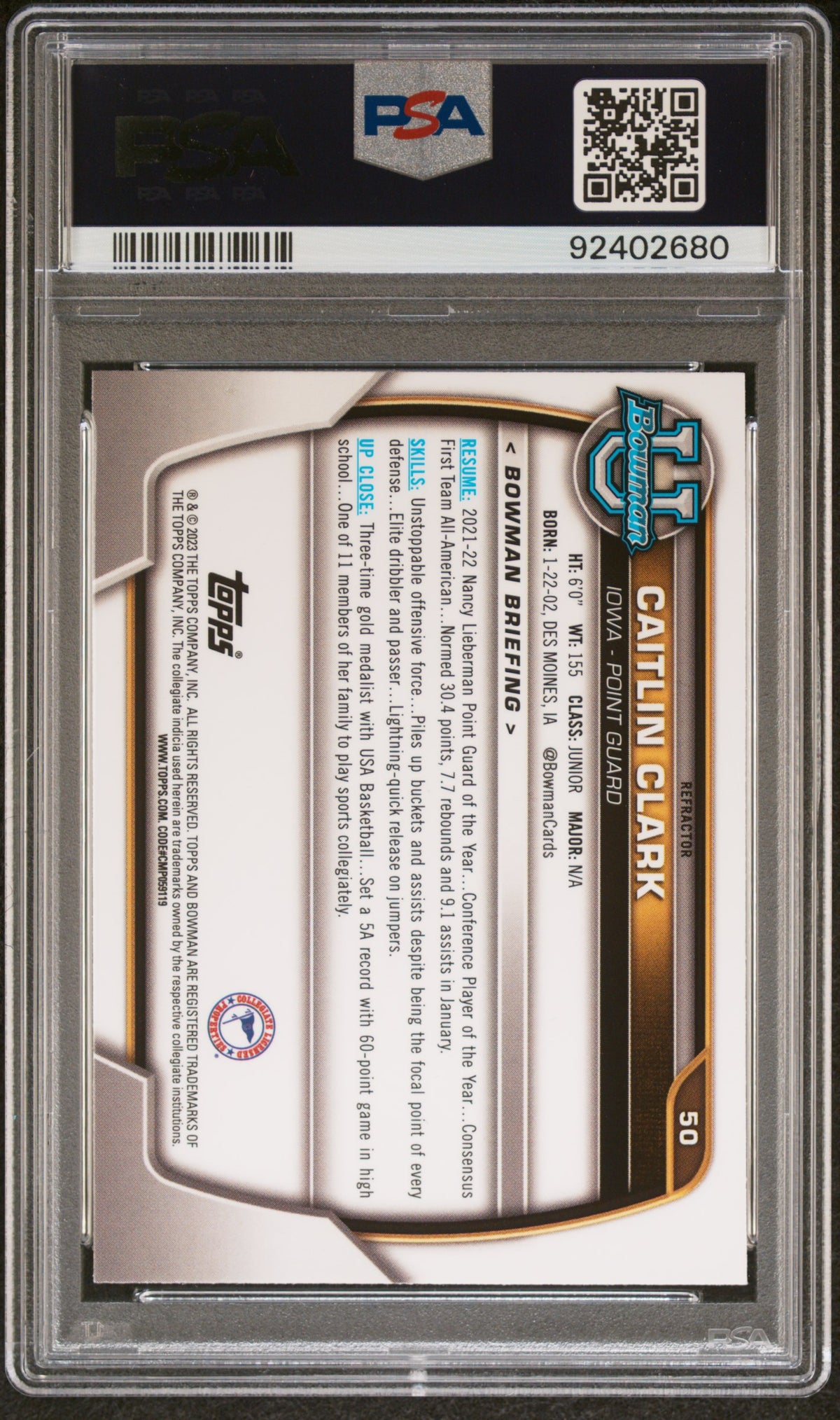 2022 BOWMAN CHROME UNIVERSITY CAITLIN CLARK REFRACTOR #50 PSA 9 - Back