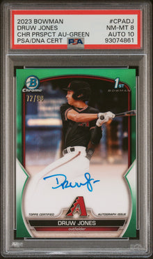 2023 BOWMAN CHROME PROSPECT AUTOGRAPHS DRUW JONES CHR PRSPCT AU-GREEN #CPADJ PSA 8/GEM MT 10 - Front