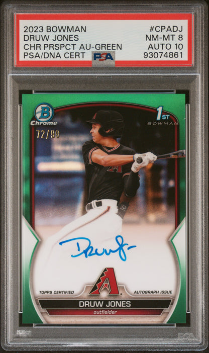 2023 BOWMAN CHROME PROSPECT AUTOGRAPHS DRUW JONES CHR PRSPCT AU-GREEN #CPADJ PSA 8/GEM MT 10 - Front