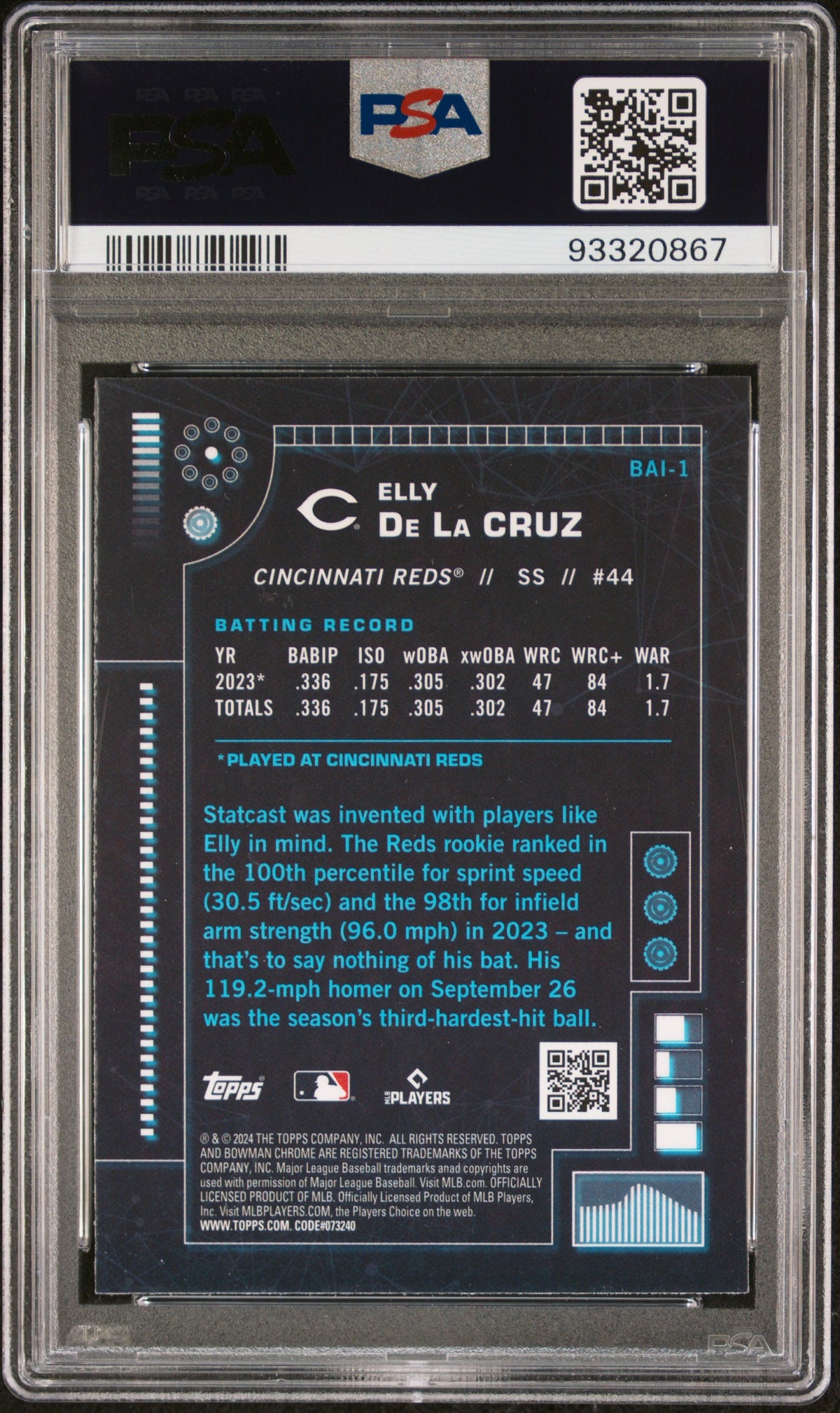 2024 BOWMAN BOWMAN AI ELLY DE LA CRUZ #BAI1 PSA 10 - Back