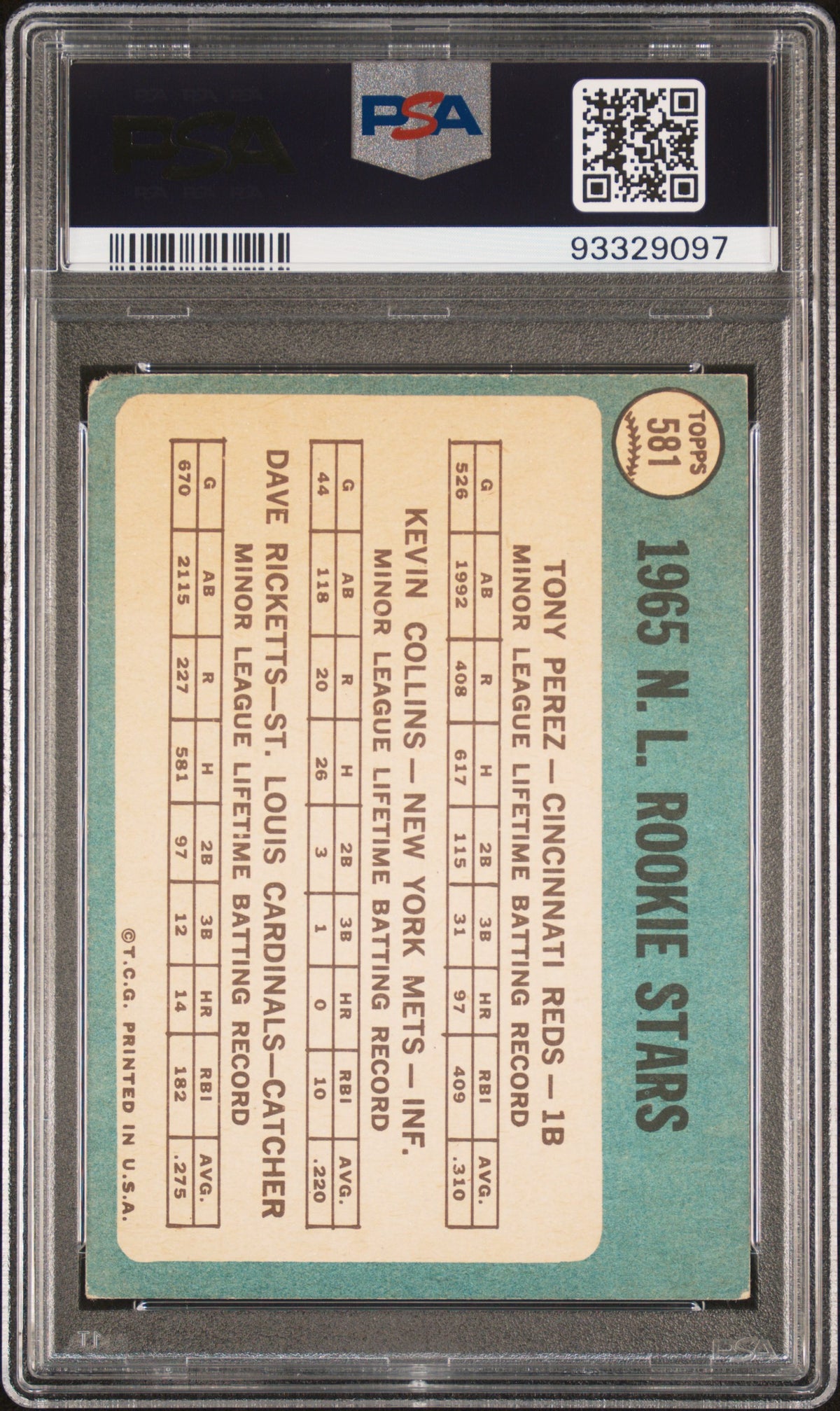 1965 TOPPS N.L. ROOKIE STARS N.L. ROOKIE STARS #581 PSA AUTHENTIC/GEM MT 10 - Back