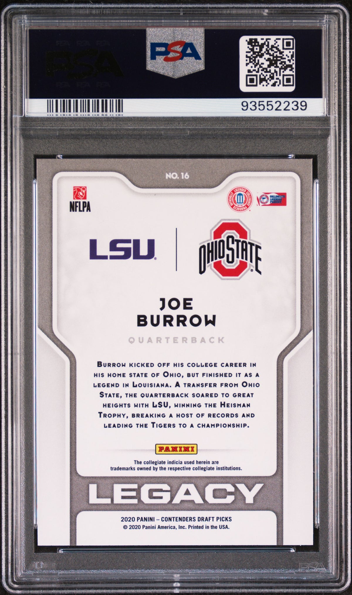 2020 PANINI CONTENDERS DRAFT PICKS LEGACY JOE BURROW LEGACY #16 PSA 10 - Back