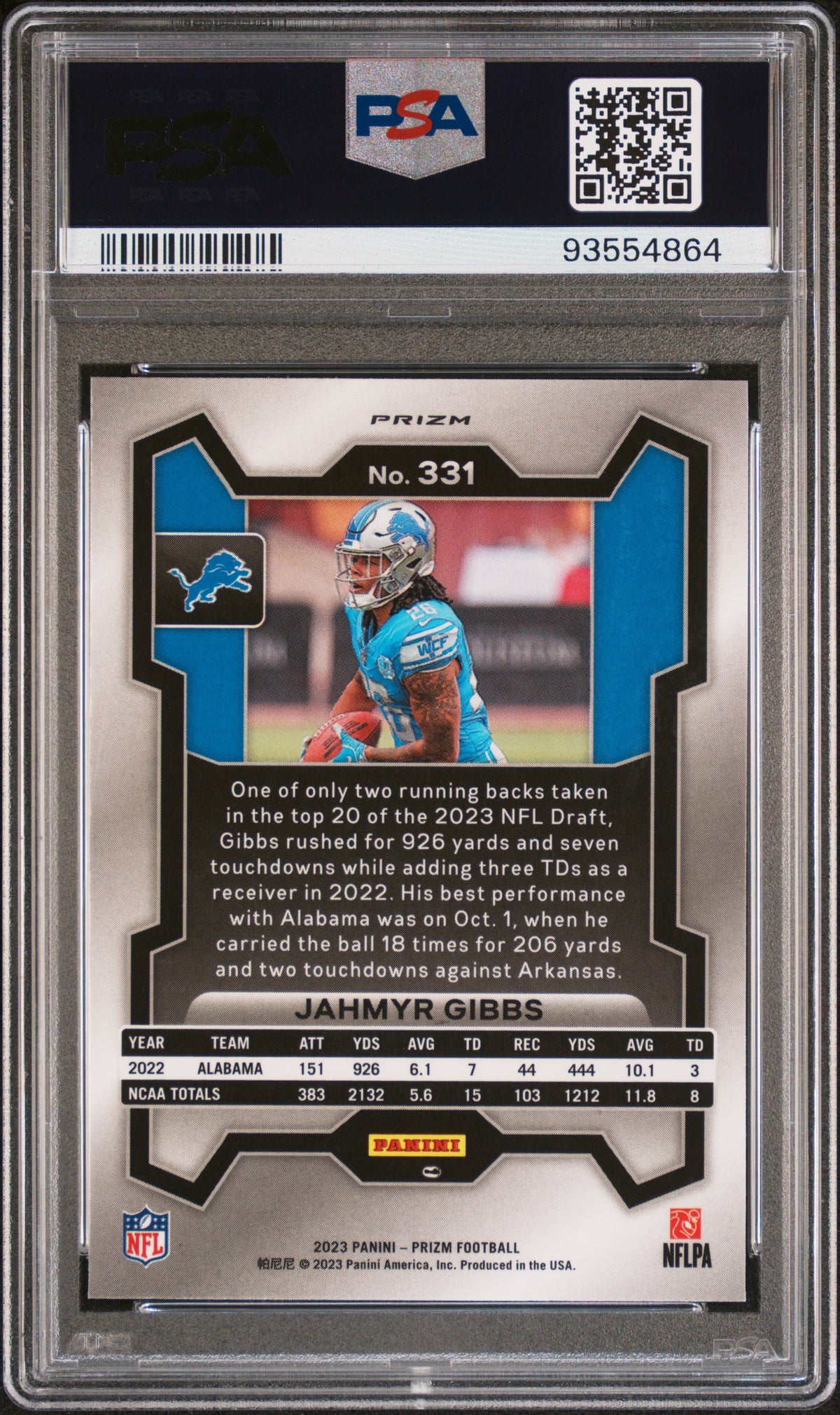 2023 PANINI PRIZM JAHMYR GIBBS SILVER PRIZM #331 PSA 10 - Back