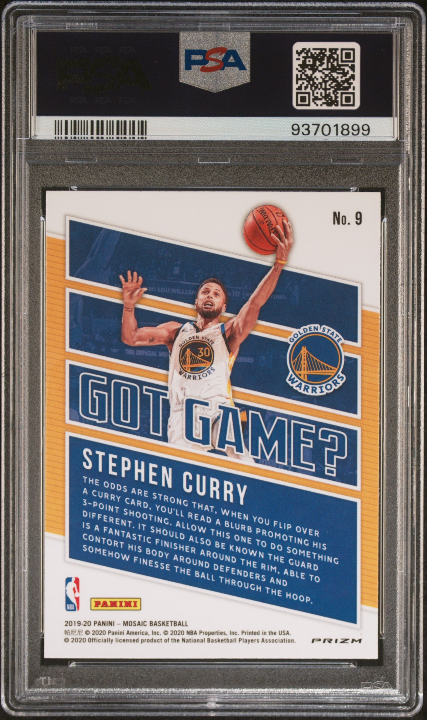 2019 PANINI MOSAIC GOT GAME? STEPHEN CURRY GOT GAME?-MOSAIC #9 PSA 10/AUTH - Back