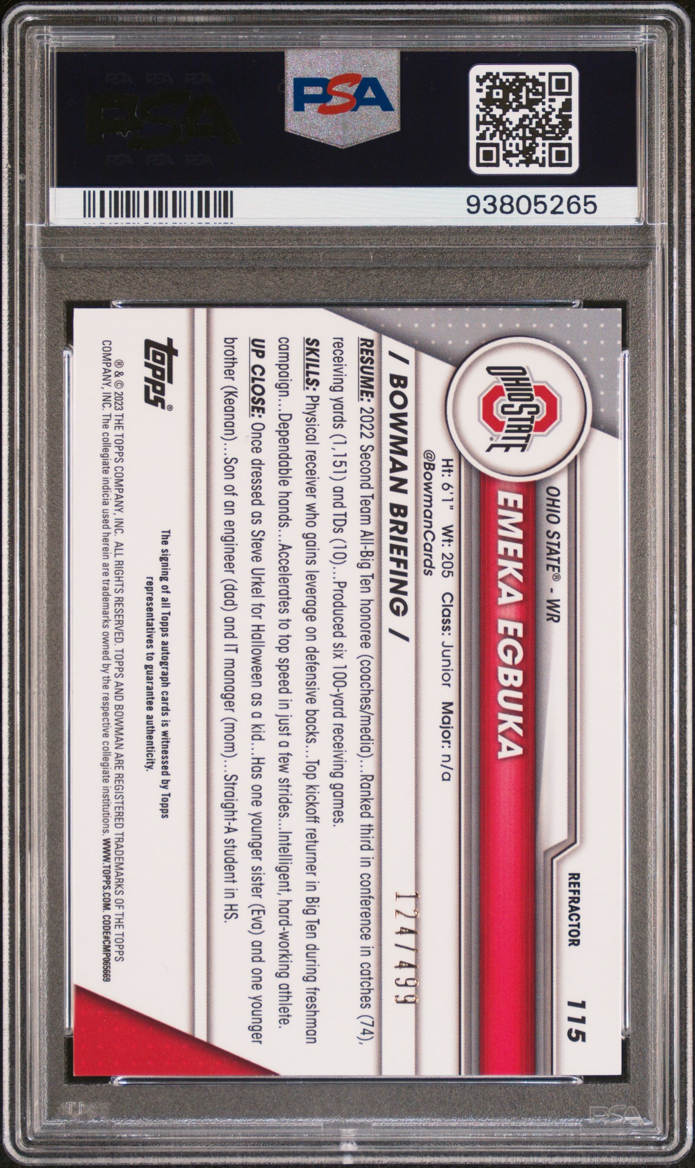 2023 BOWMAN UNIVERSITY CHROME EMEKA EGBUKA AUTOGRAPH-REFRACTOR #115 PSA 9 - Back