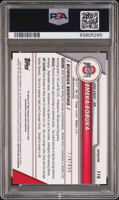 2023 BOWMAN UNIVERSITY CHROME EMEKA EGBUKA AUTOGRAPH-REFRACTOR #115 PSA 9 - Back