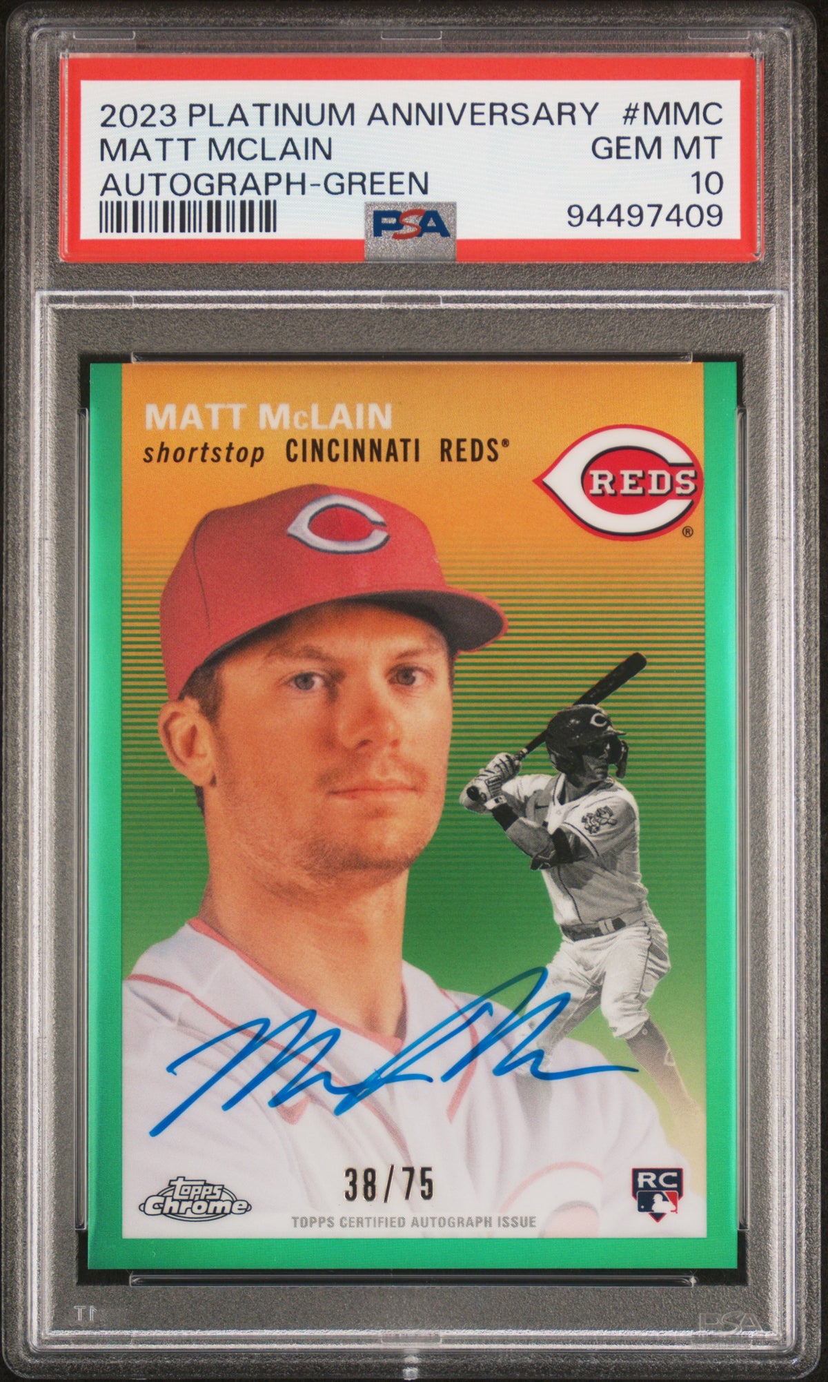 2023 TOPPS CHROME PLATINUM ANNIVERSARY AUTOGRAPHS MATT MCLAIN AUTOGRAPH-GREEN #MMC PSA 10 - Front