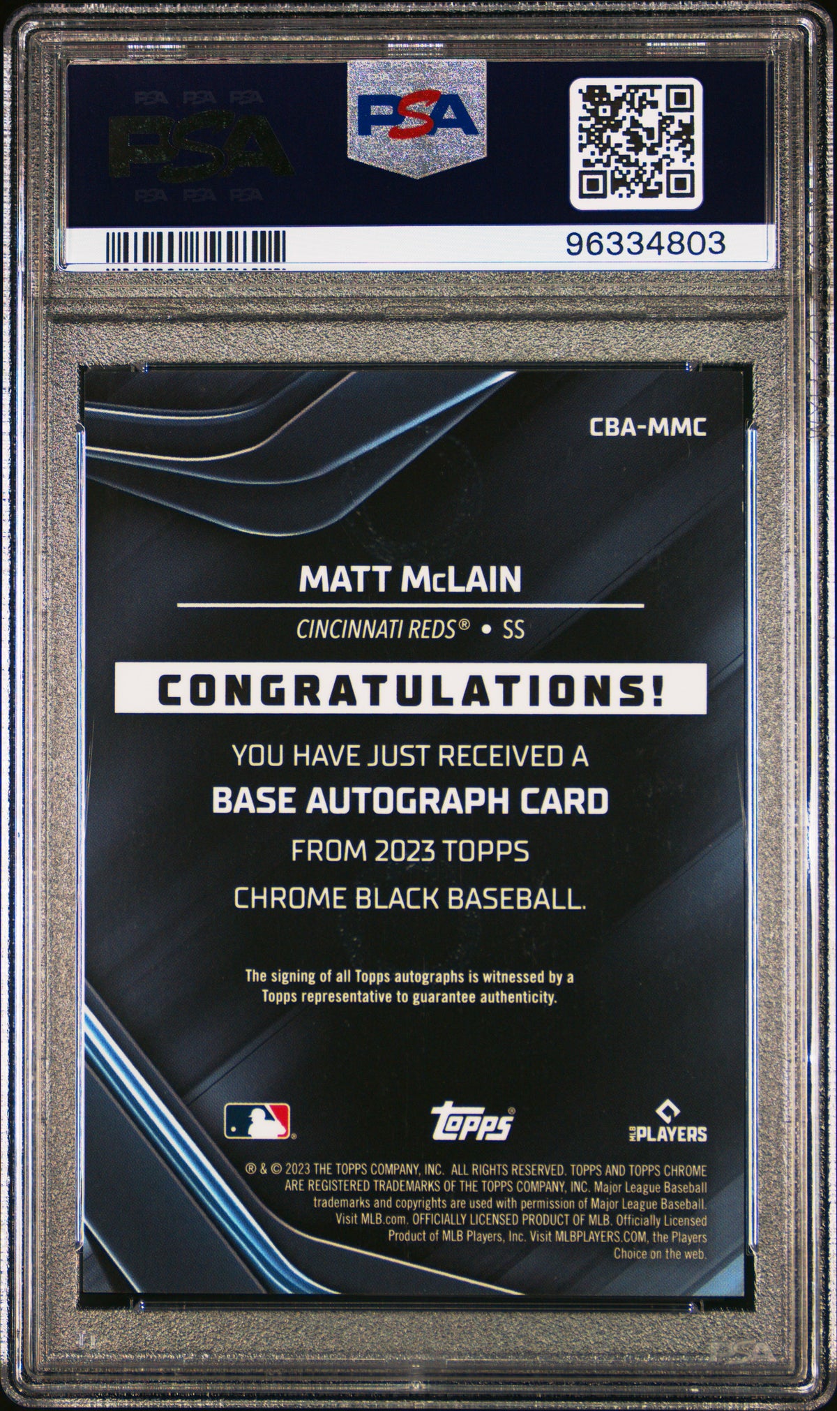 2023 TOPPS CHROME BLACK AUTOGRAPHS MATT MCLAIN AUTOGRAPH-ORANGE REF #MMC PSA 10 - Back