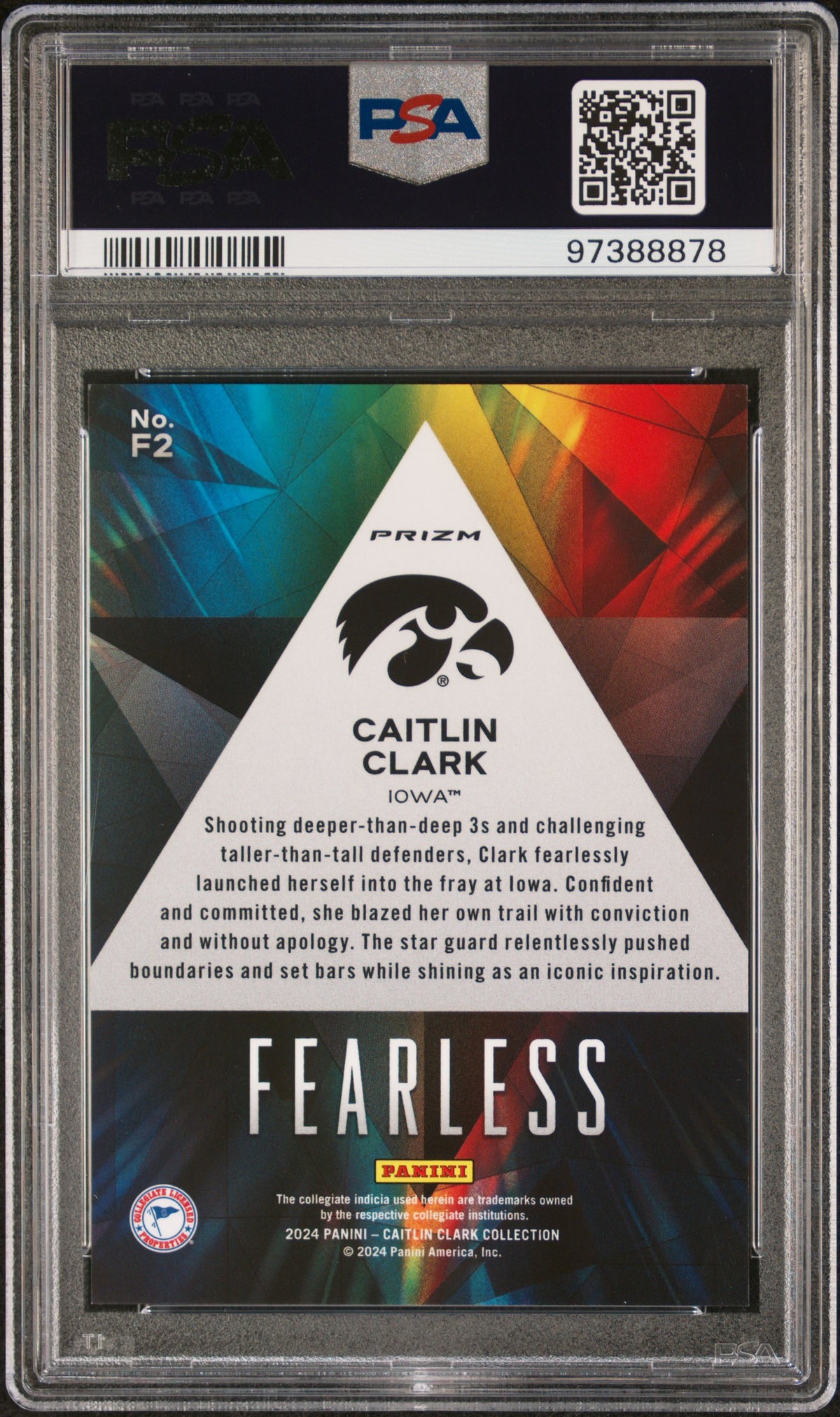 2024 PANINI CAITLIN CLARK COLLECTION FEARLESS CAITLIN CLARK #F2 PSA 10 - Back