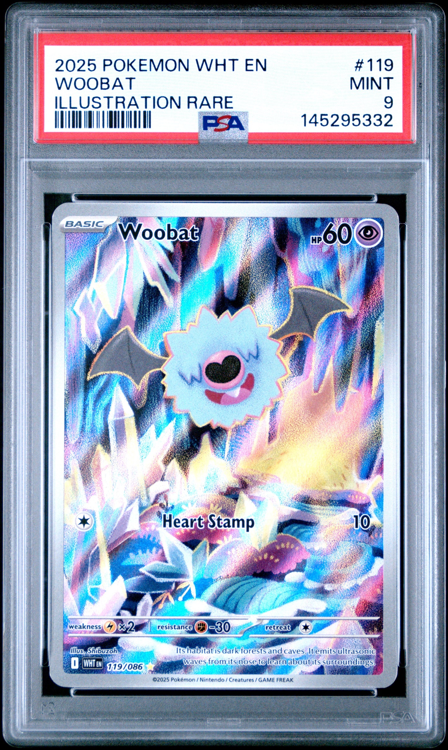 2025 Pokemon Wht En-White Flare Woobat Illustration Rare #119 PSA 9