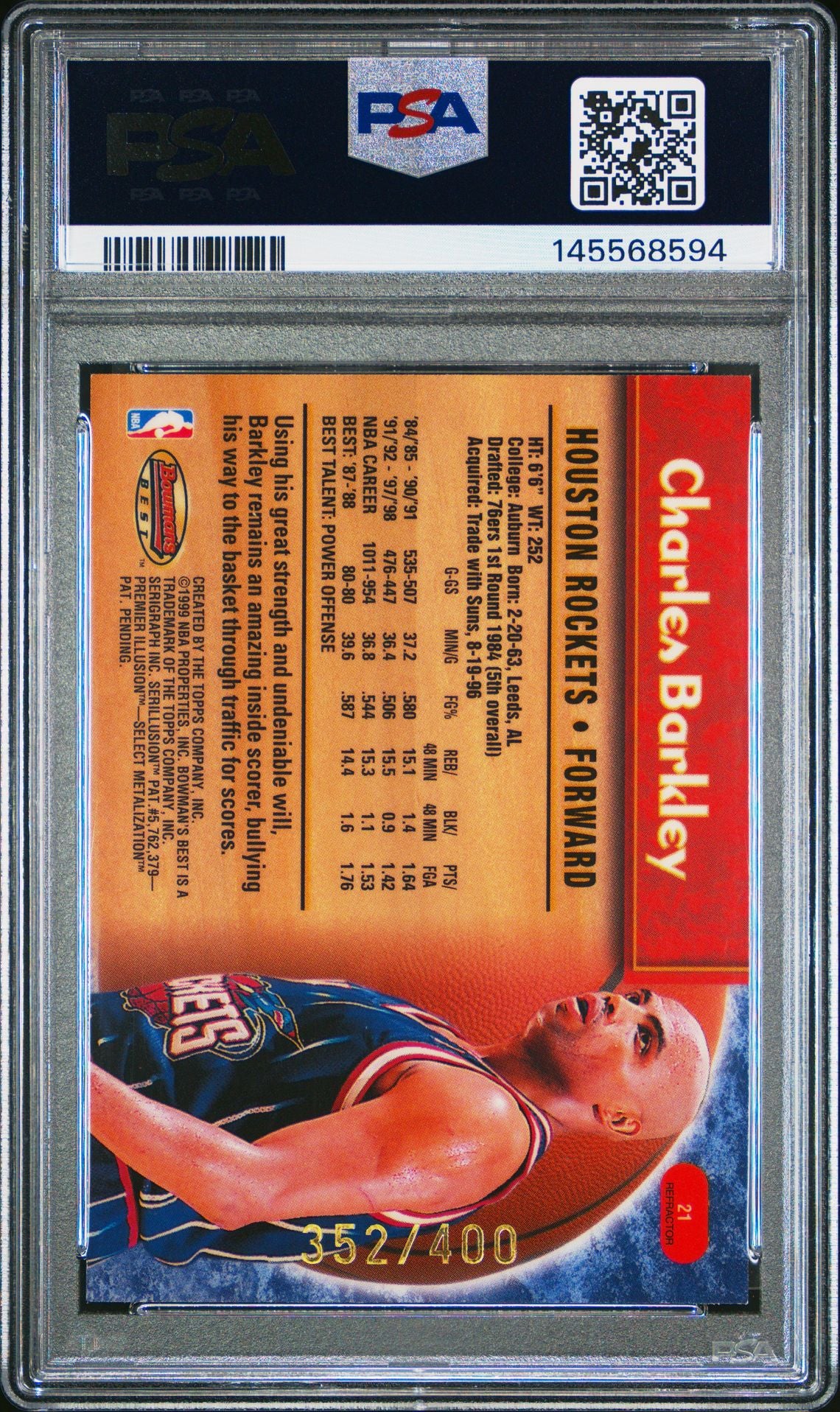 1998 Bowman's Best #21 Charles Barkley Refractor 352/400 PSA 8