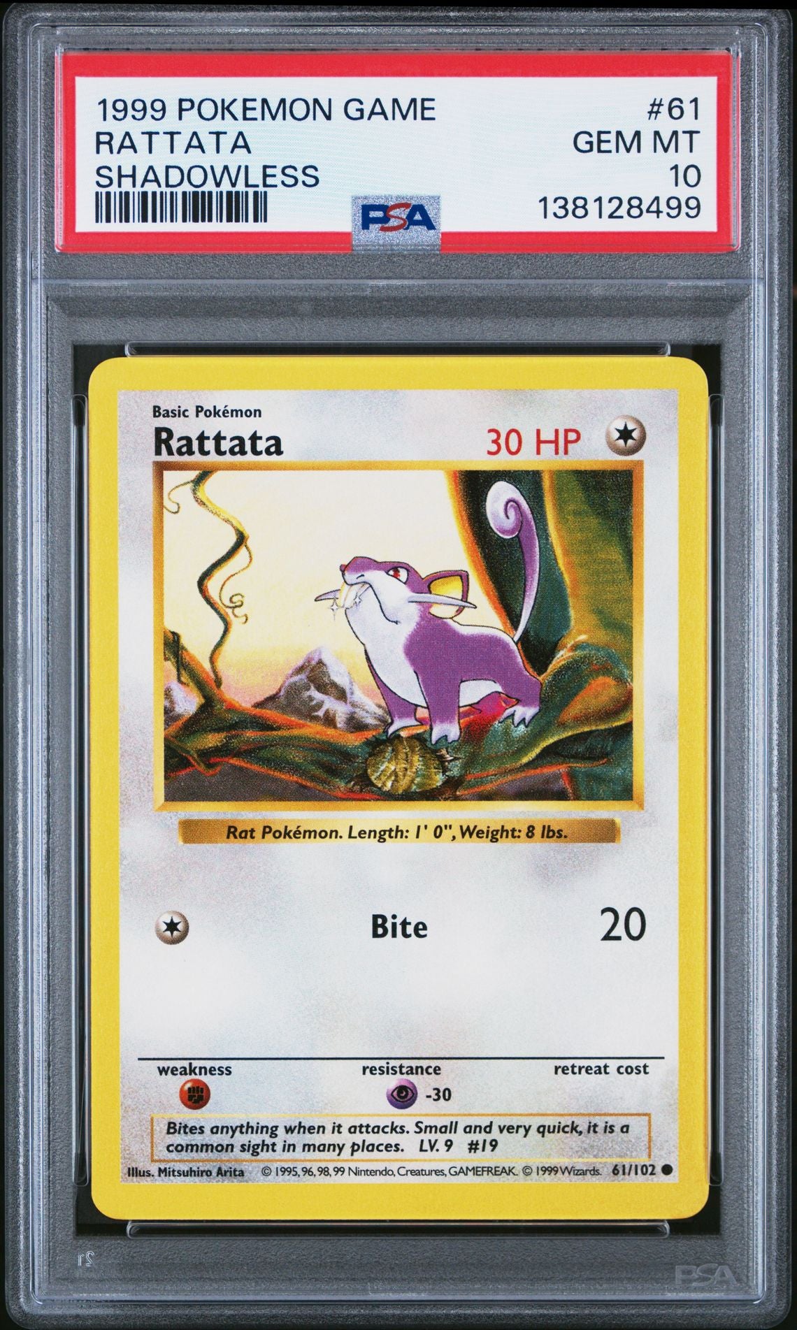 1999 Pokemon Game Rattata Shadowless #61 PSA 10